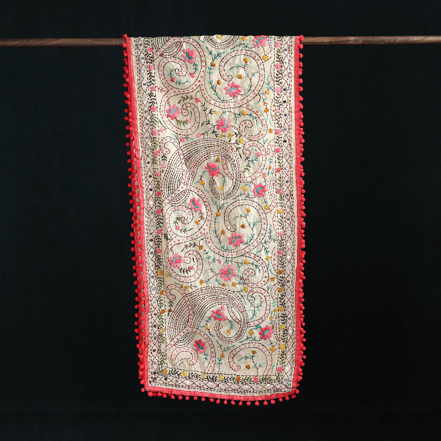 Ranihati Chanderi Silk Hand Embroidered Stole with Pom Pom 261