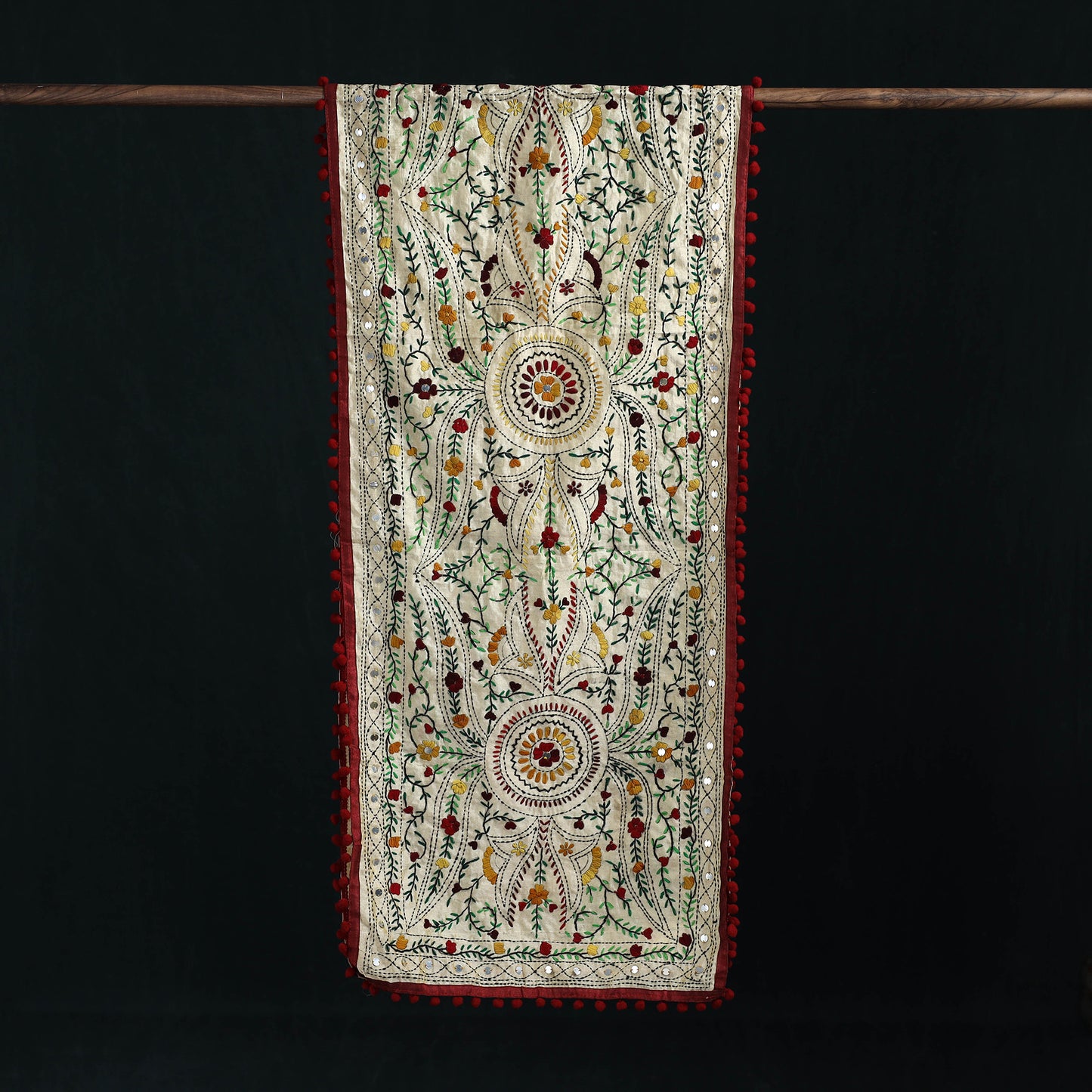 Ranihati Chanderi Silk Hand Embroidered Stole with Pom Pom 259