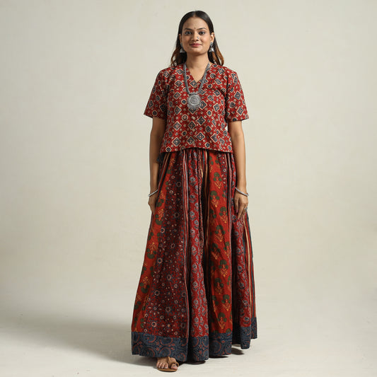 Red - Ajrakh Block Printed 24 Kali Patchwork Cotton Long Skirt 23