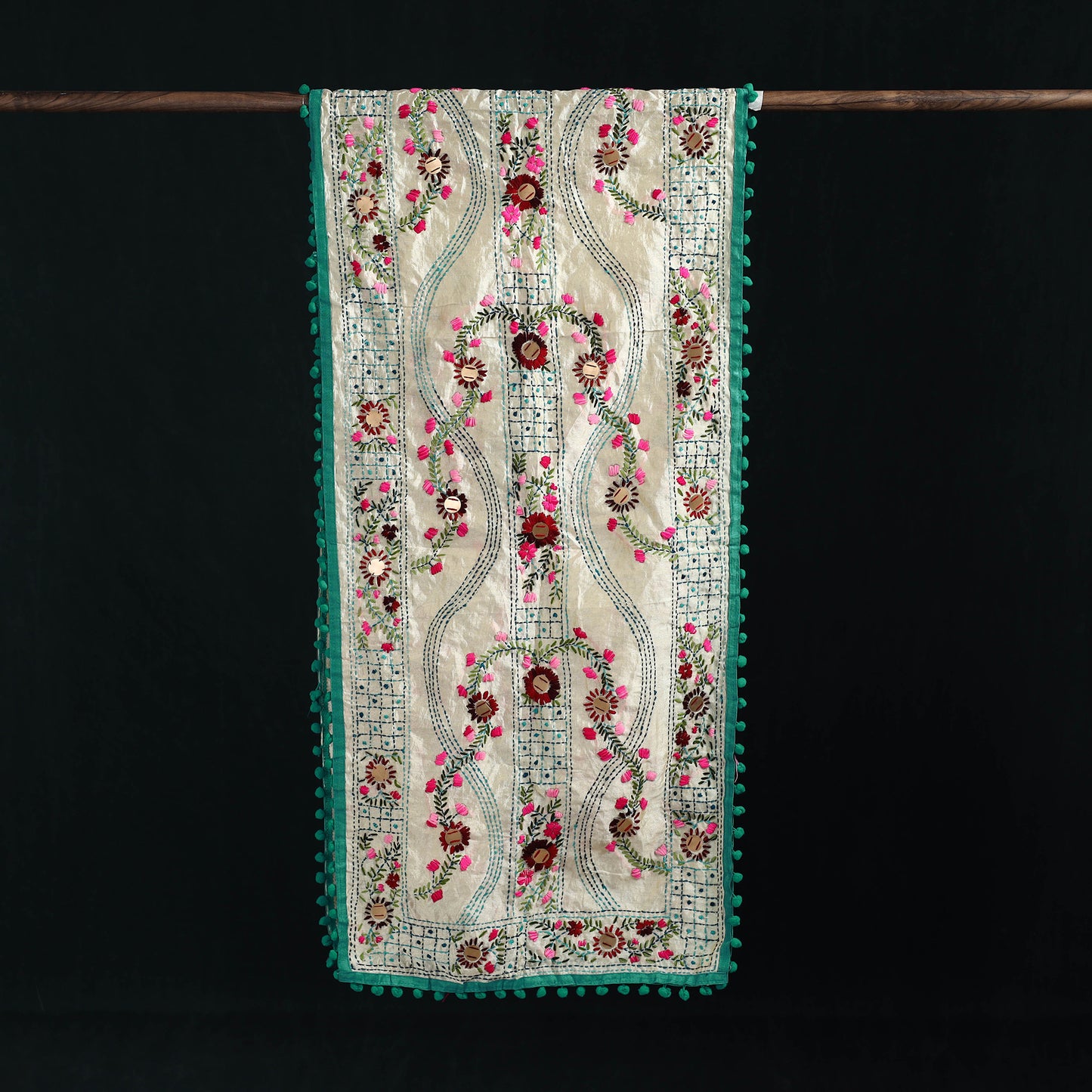 Ranihati Chanderi Silk Hand Embroidered Stole with Pom Pom 256