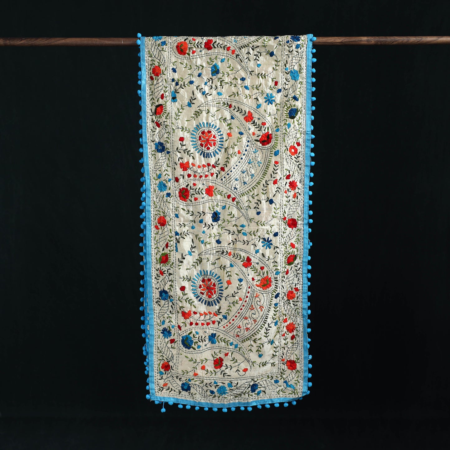 Ranihati Chanderi Silk Hand Embroidered Stole with Pom Pom 255