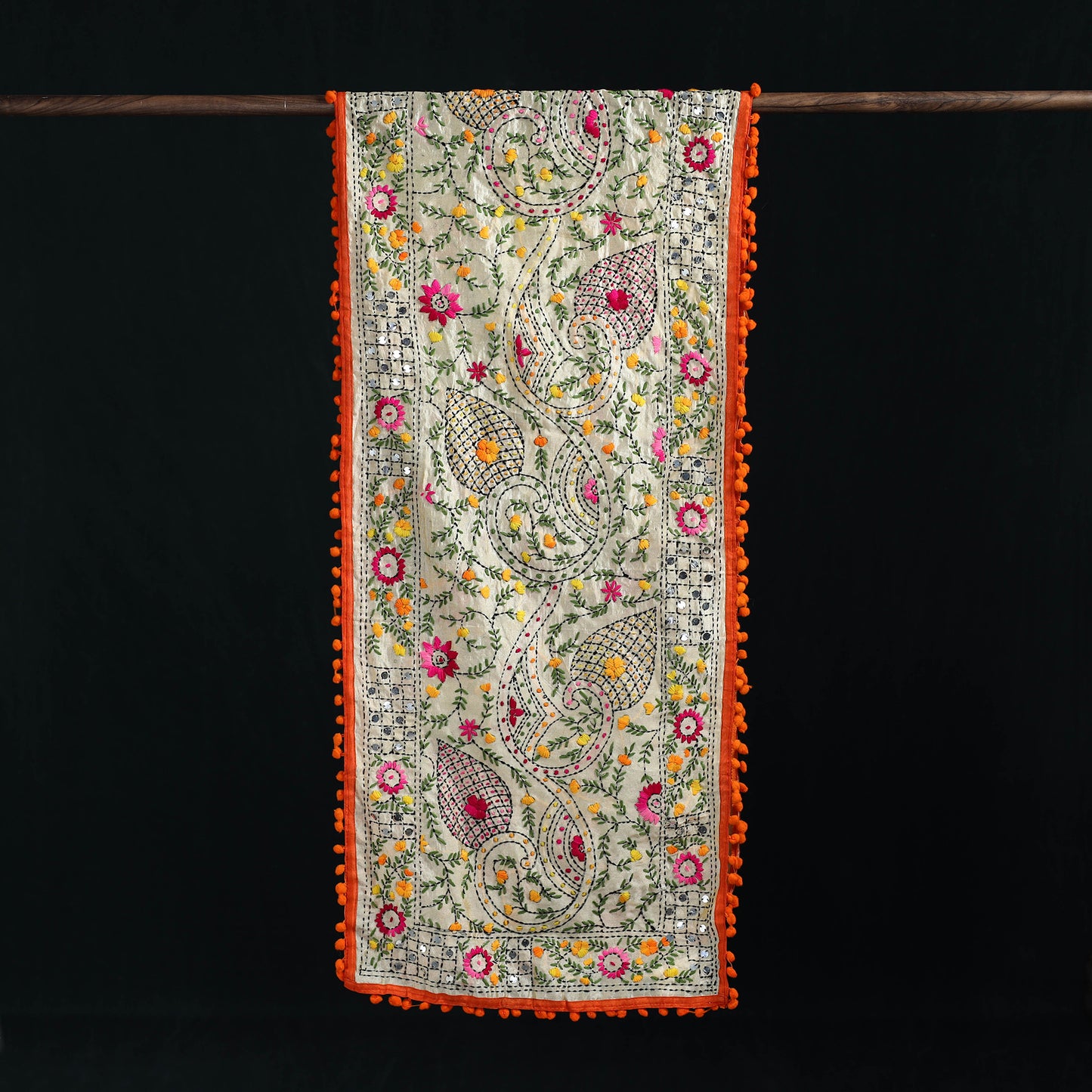 Ranihati Chanderi Silk Hand Embroidered Stole with Pom Pom 254