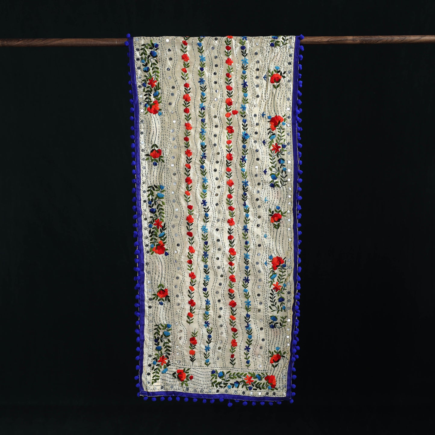 Ranihati Chanderi Silk Hand Embroidered Stole with Pom Pom 253
