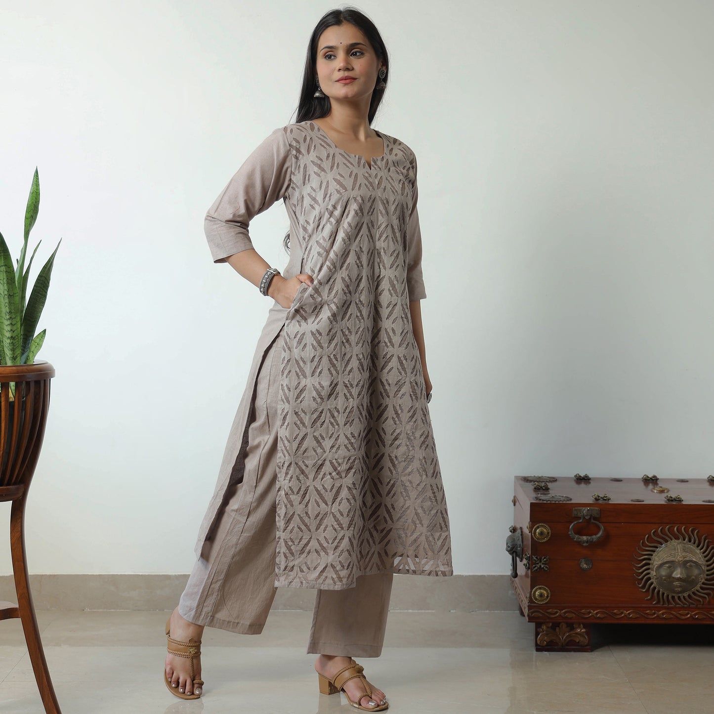 Brown - Applique Cut Work Cotton Kurta with Palazzo & Dupatta Set 07