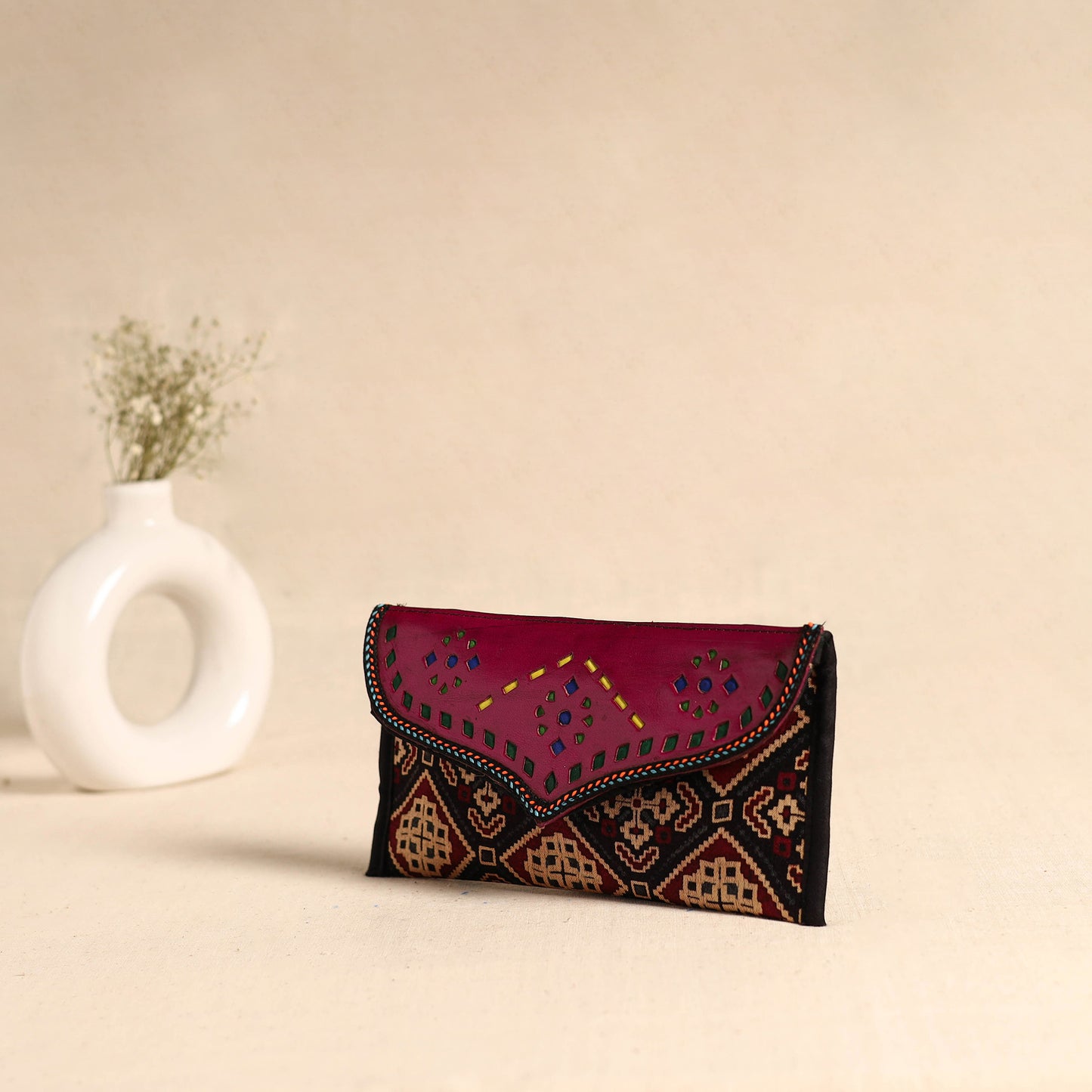 Traditional Kutch Mashru Silk Leather Flap Clutch / Wallet 96