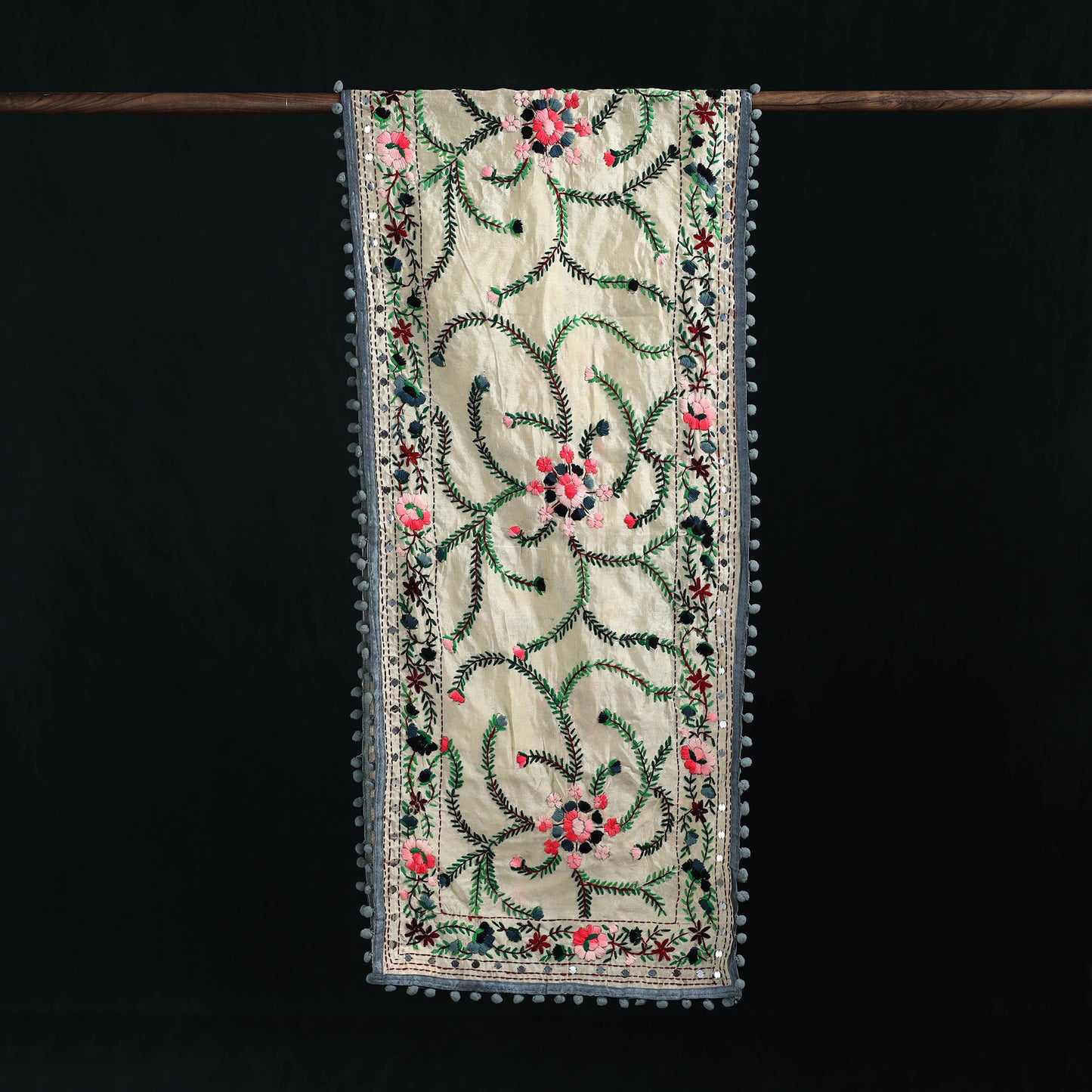 Ranihati Chanderi Silk Hand Embroidered Stole with Pom Pom 252