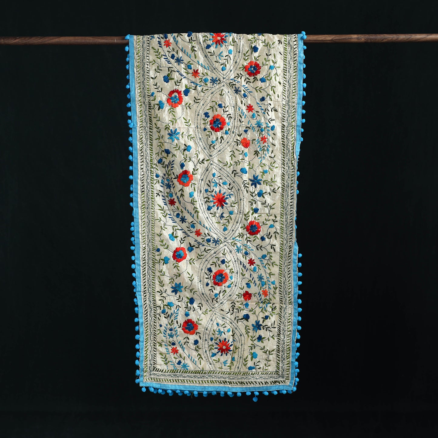 Ranihati Chanderi Silk Hand Embroidered Stole with Pom Pom 249
