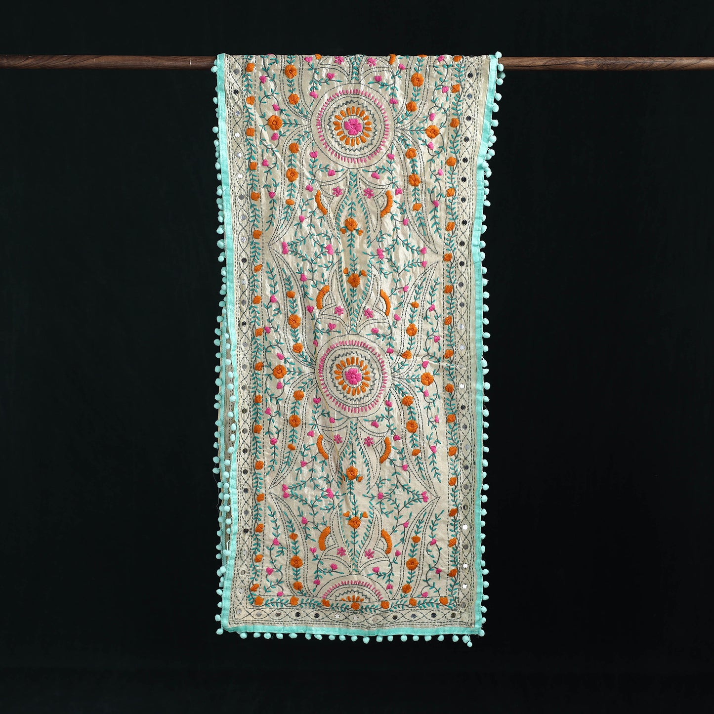 Ranihati Chanderi Silk Hand Embroidered Stole with Pom Pom 248