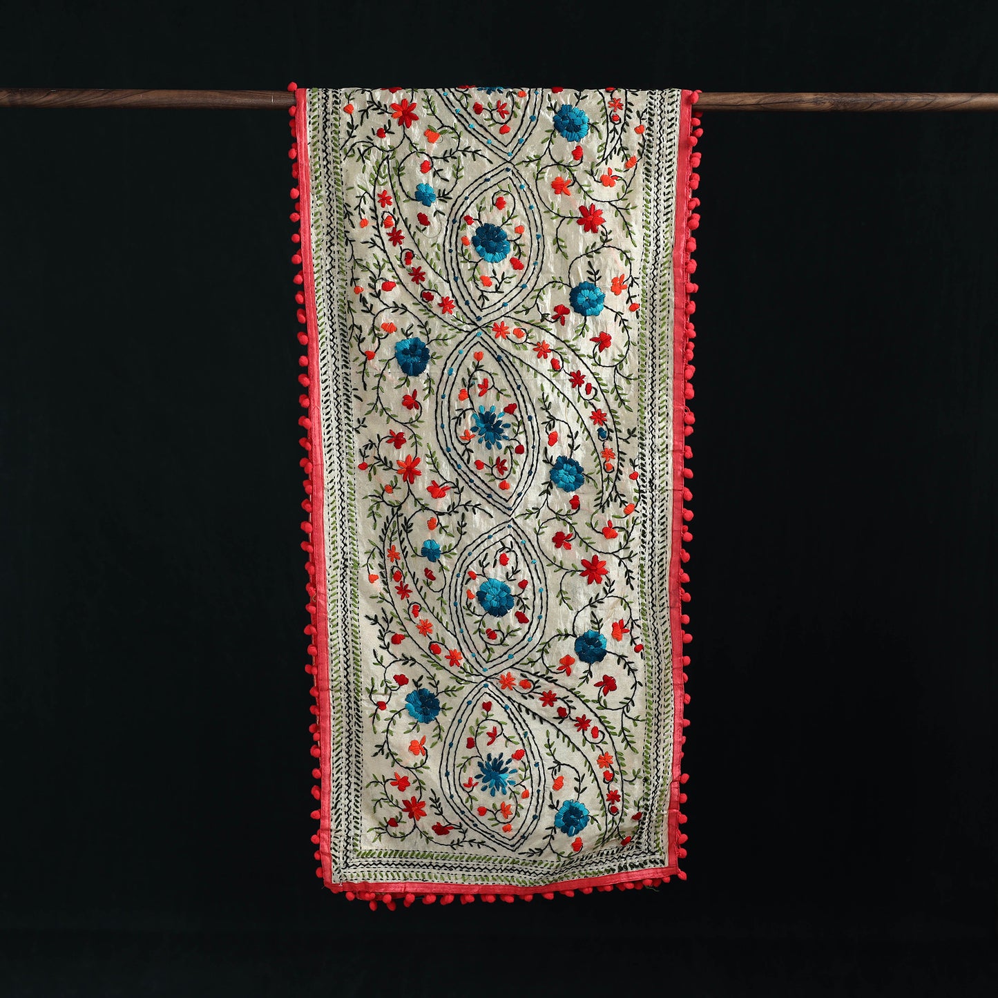 Ranihati Chanderi Silk Hand Embroidered Stole with Pom Pom 247