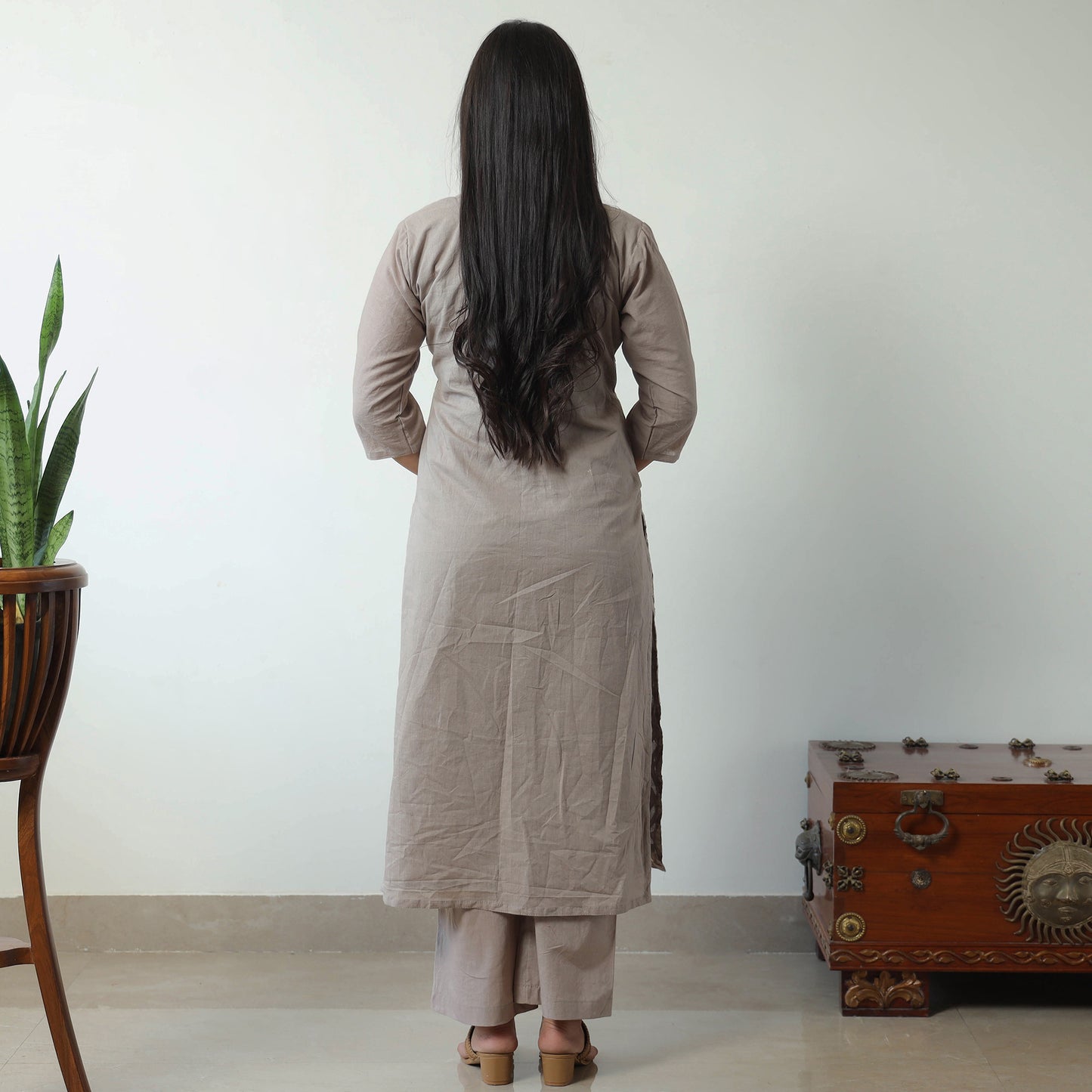 Brown - Applique Cut Work Cotton Kurta with Palazzo & Dupatta Set 07