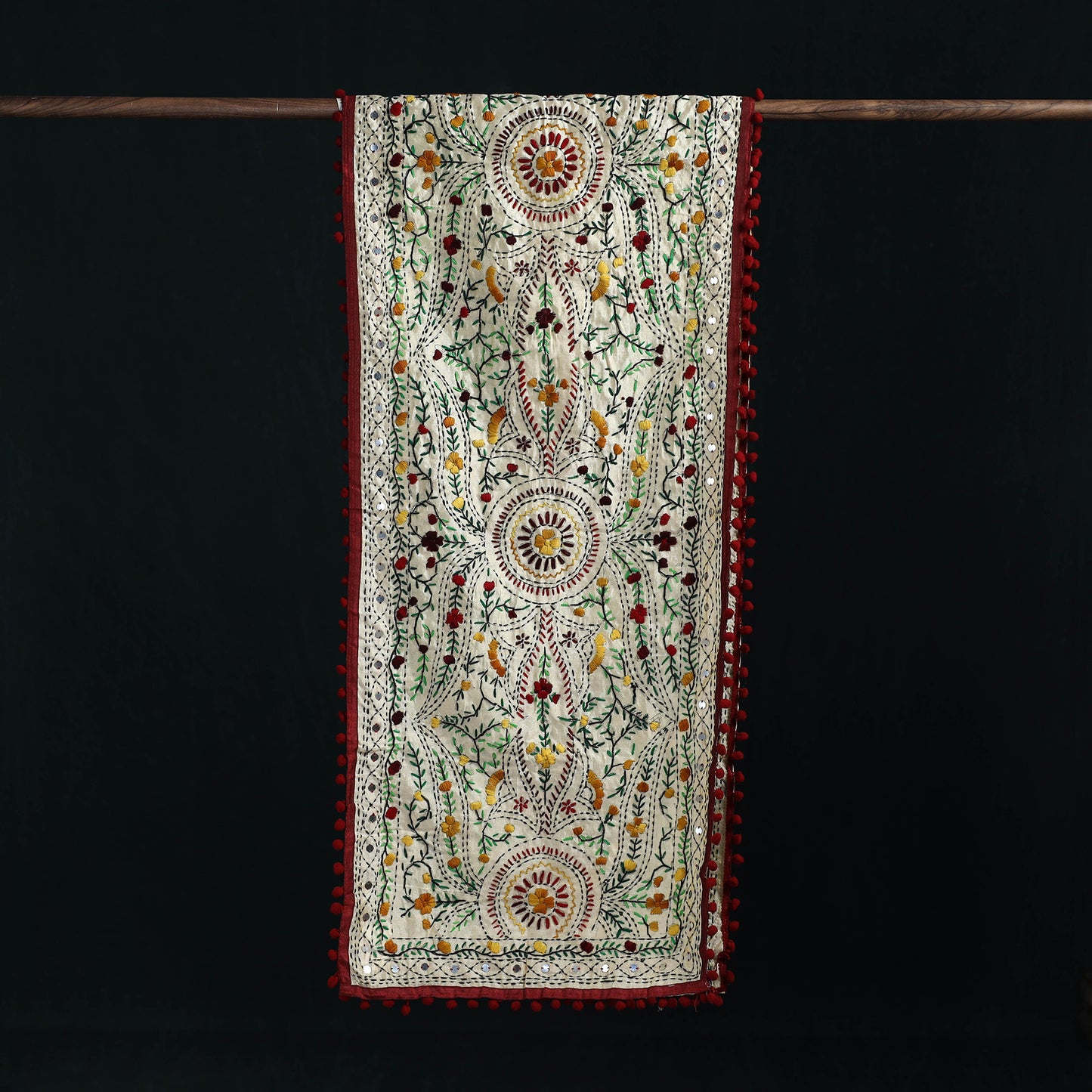 Ranihati Chanderi Silk Hand Embroidered Stole with Pom Pom 246