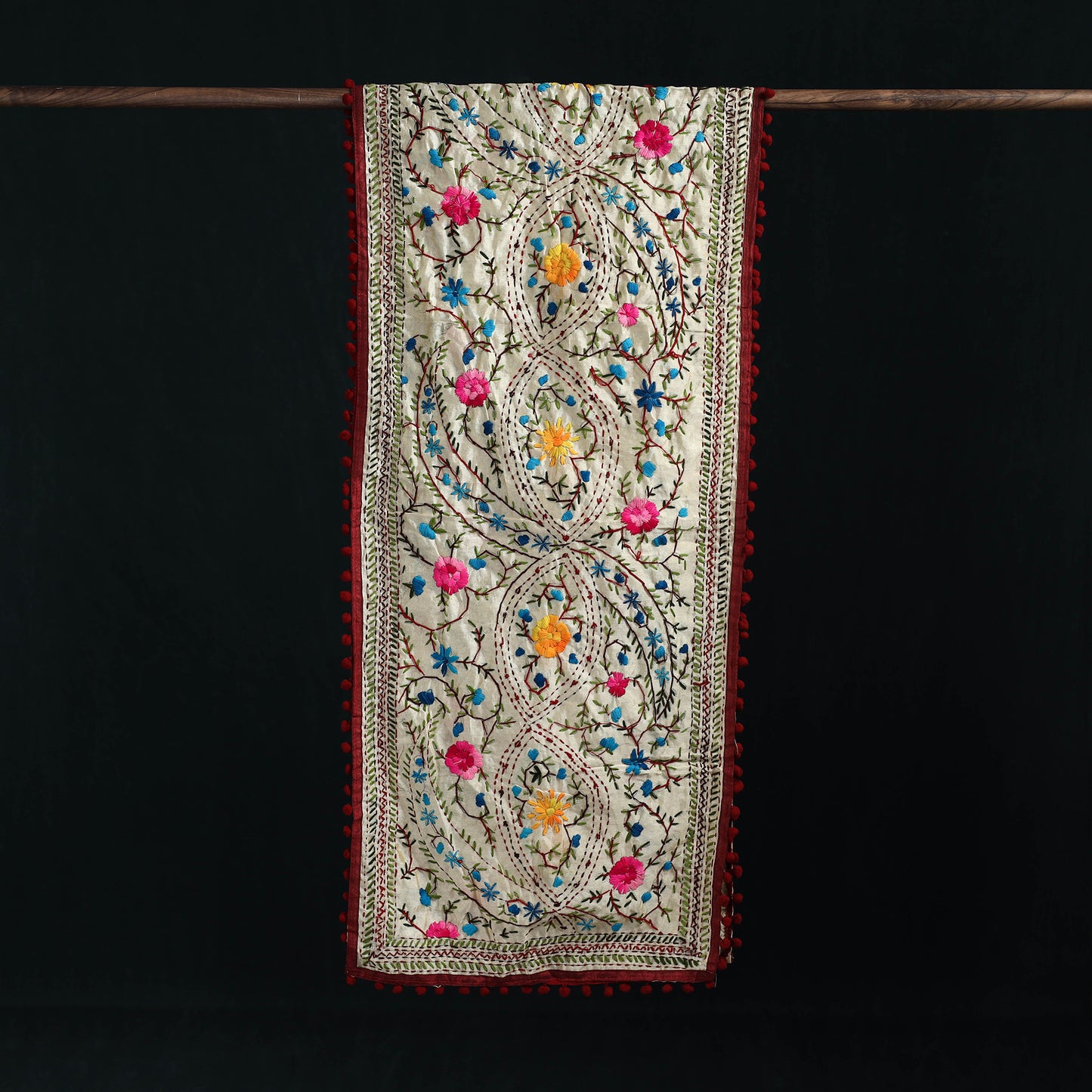 Ranihati Chanderi Silk Hand Embroidered Stole with Pom Pom 244