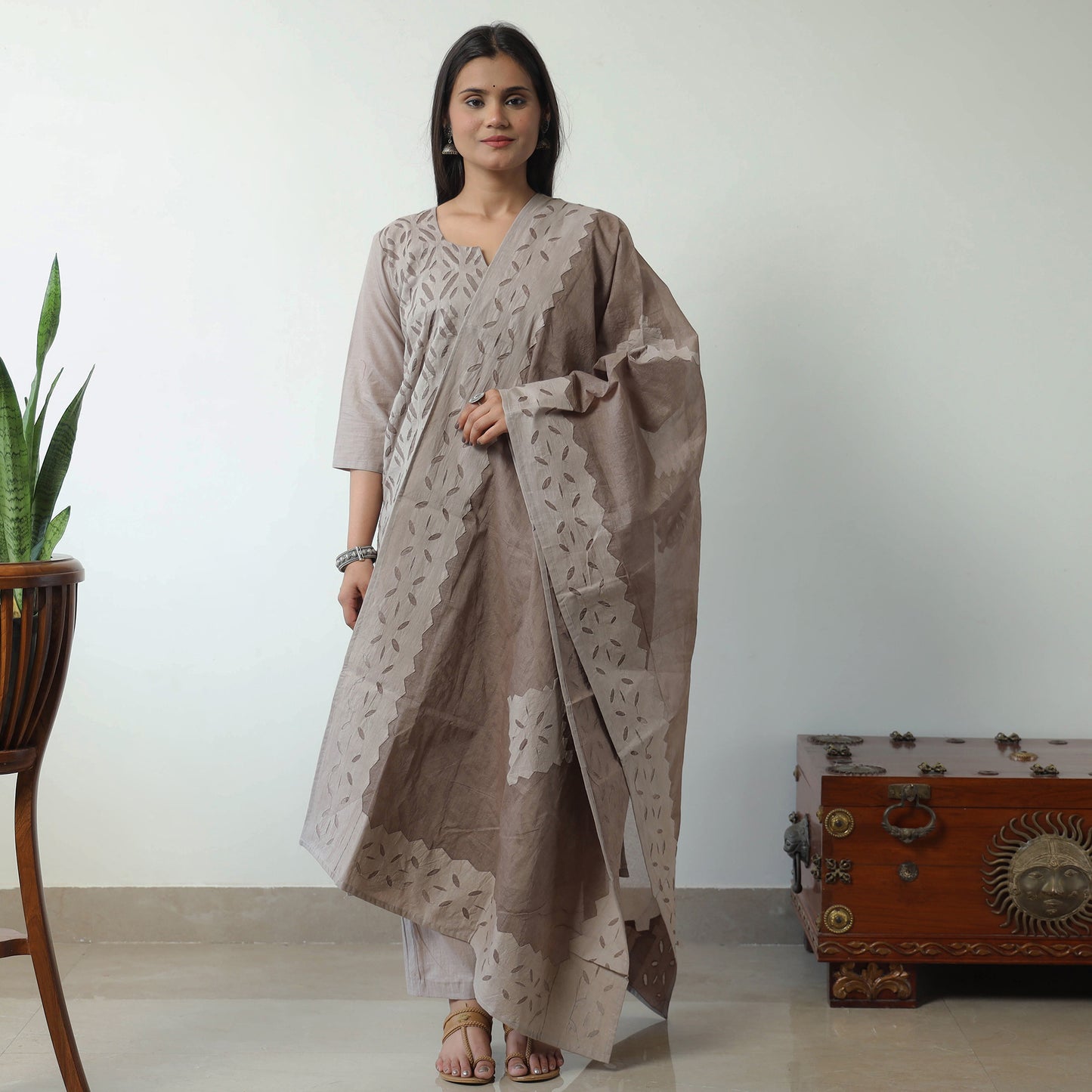 Brown - Applique Cut Work Cotton Kurta with Palazzo & Dupatta Set 07