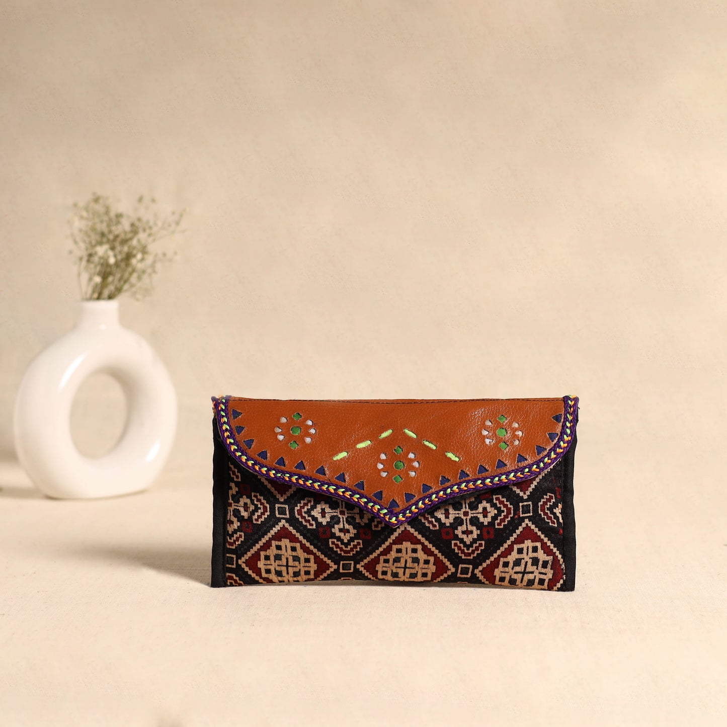 Traditional Kutch Mashru Silk Leather Flap Clutch / Wallet 99