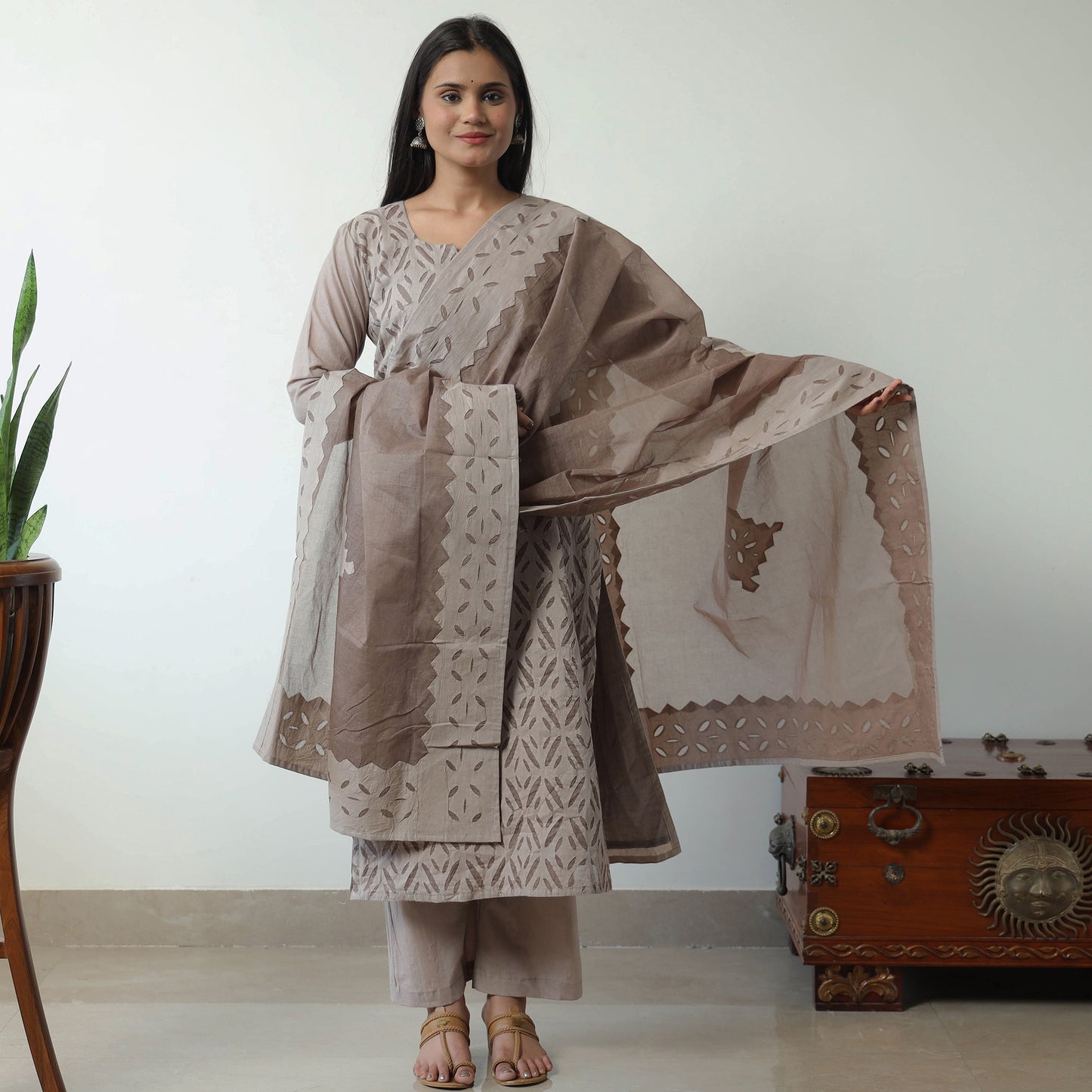 Brown - Applique Cut Work Cotton Kurta with Palazzo & Dupatta Set 07