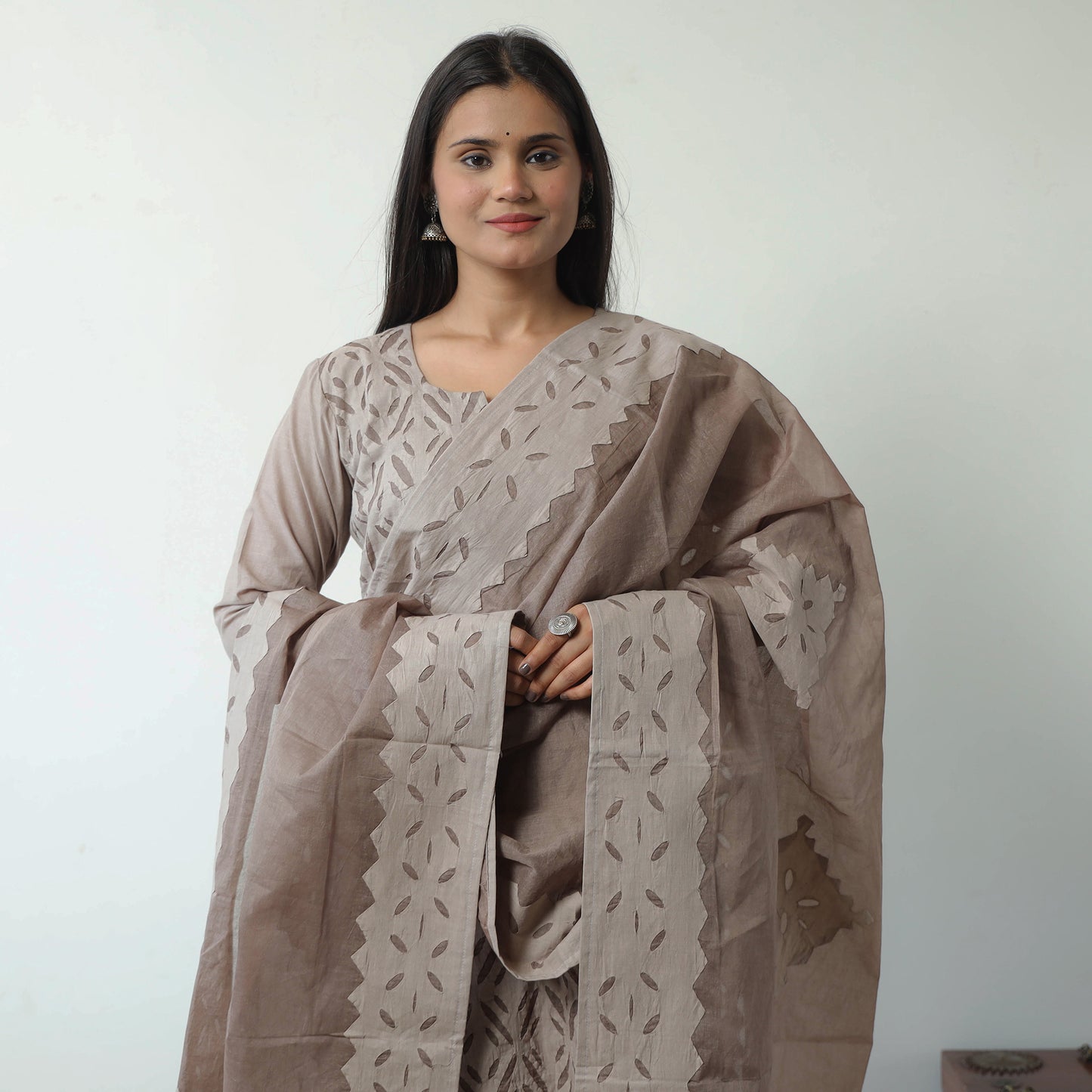 Brown - Applique Cut Work Cotton Kurta with Palazzo & Dupatta Set 07