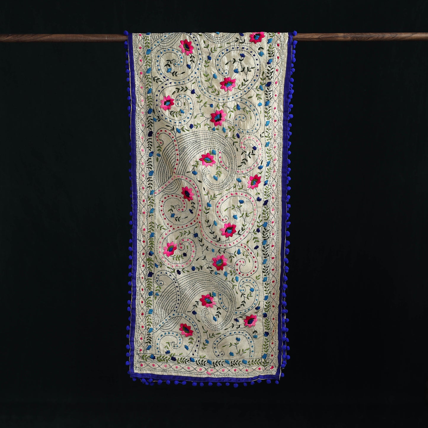 Ranihati Chanderi Silk Hand Embroidered Stole with Pom Pom 241