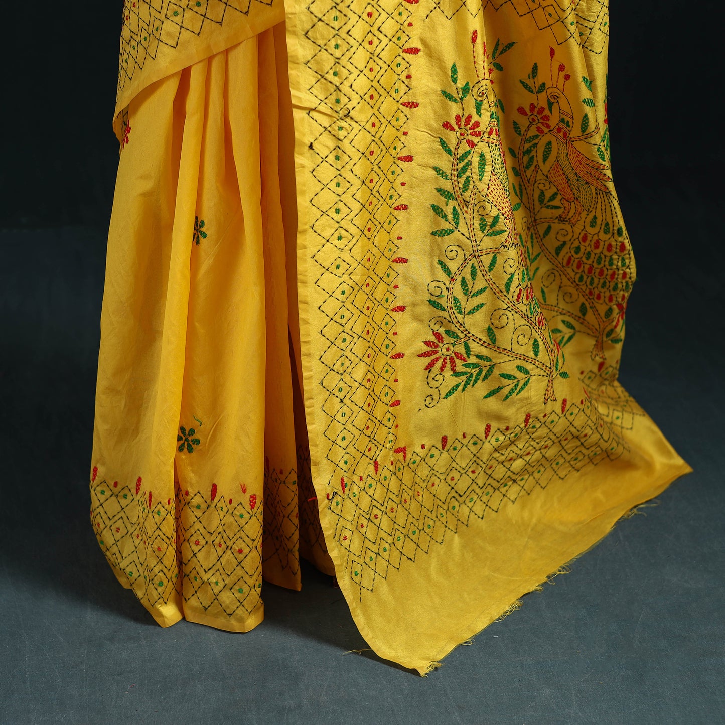 Yellow - Bengal Hand Embroidery Silk Nakshi Kantha Saree 11