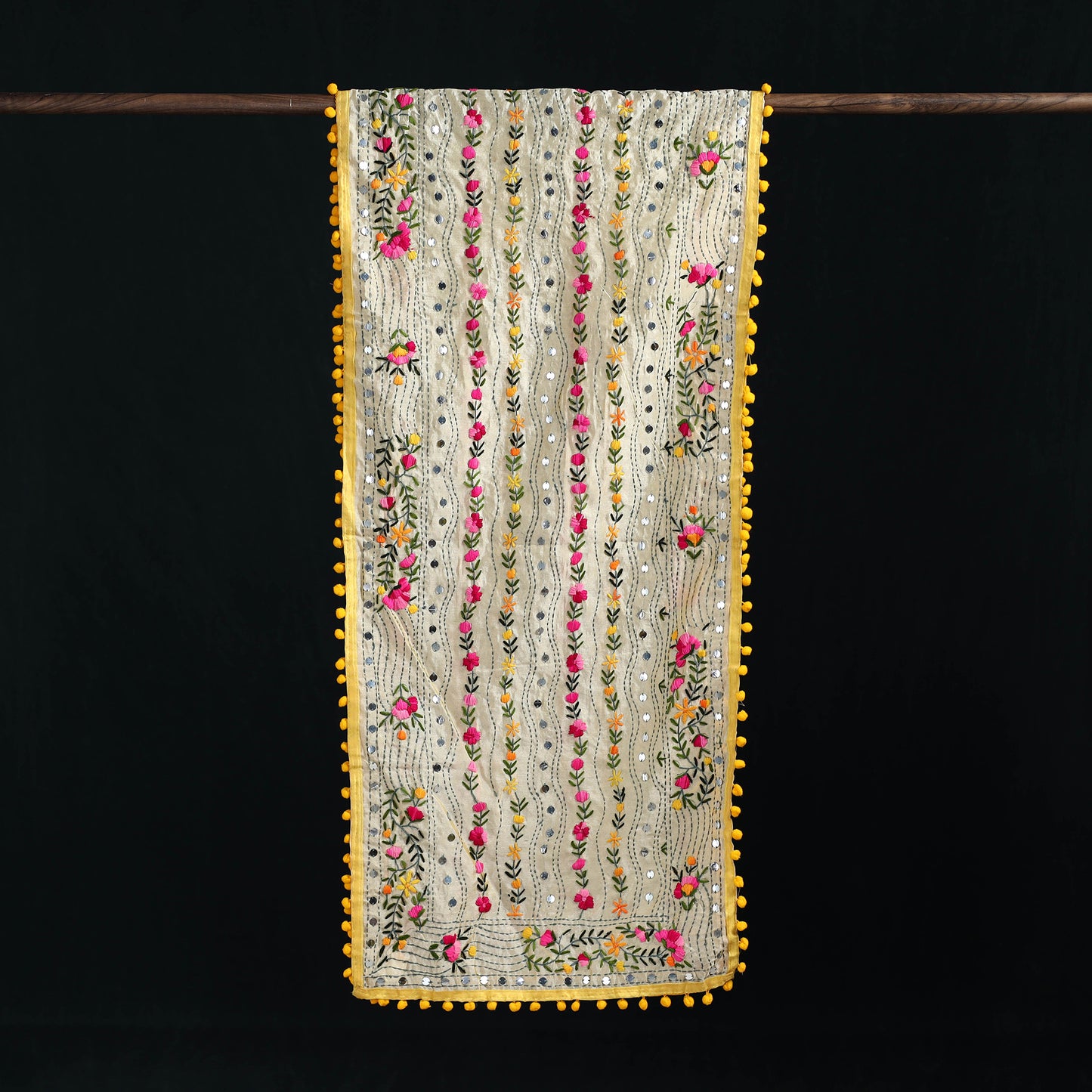 Ranihati Chanderi Silk Hand Embroidered Stole with Pom Pom 240