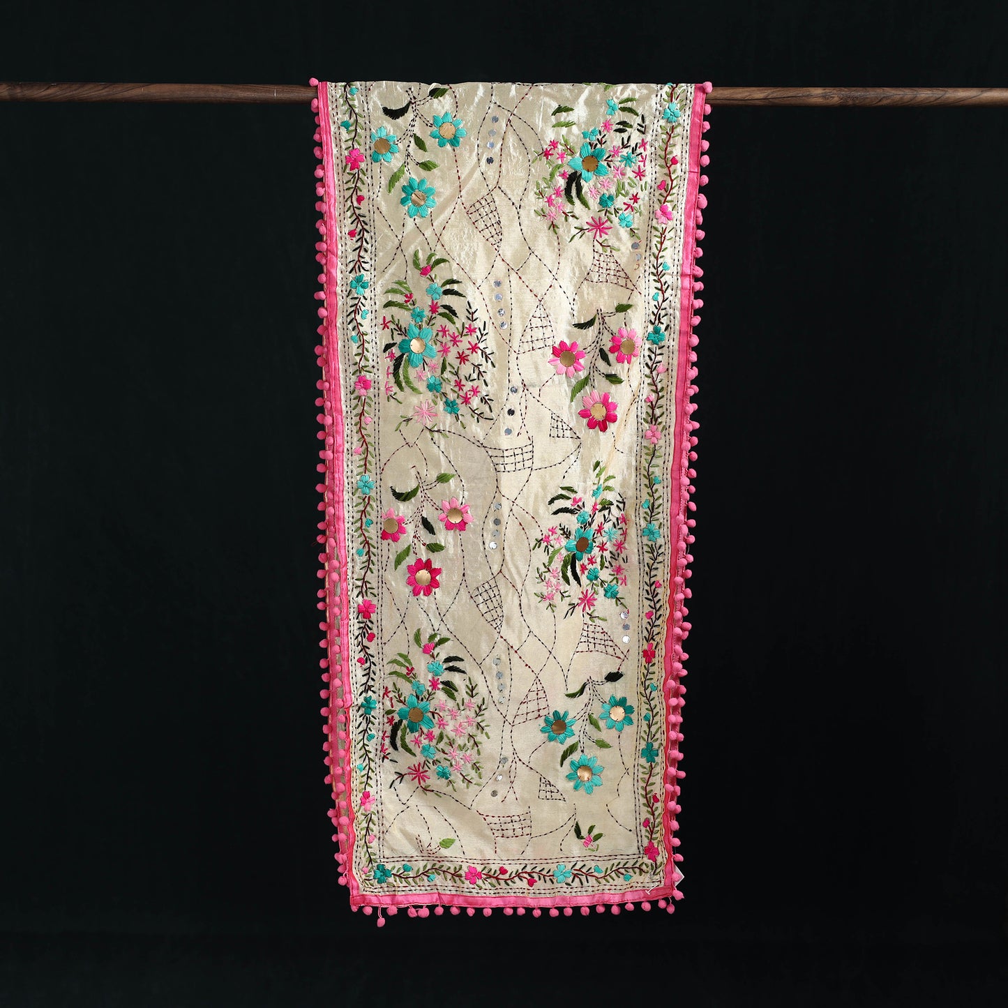 Ranihati Chanderi Silk Hand Embroidered Stole with Pom Pom 238