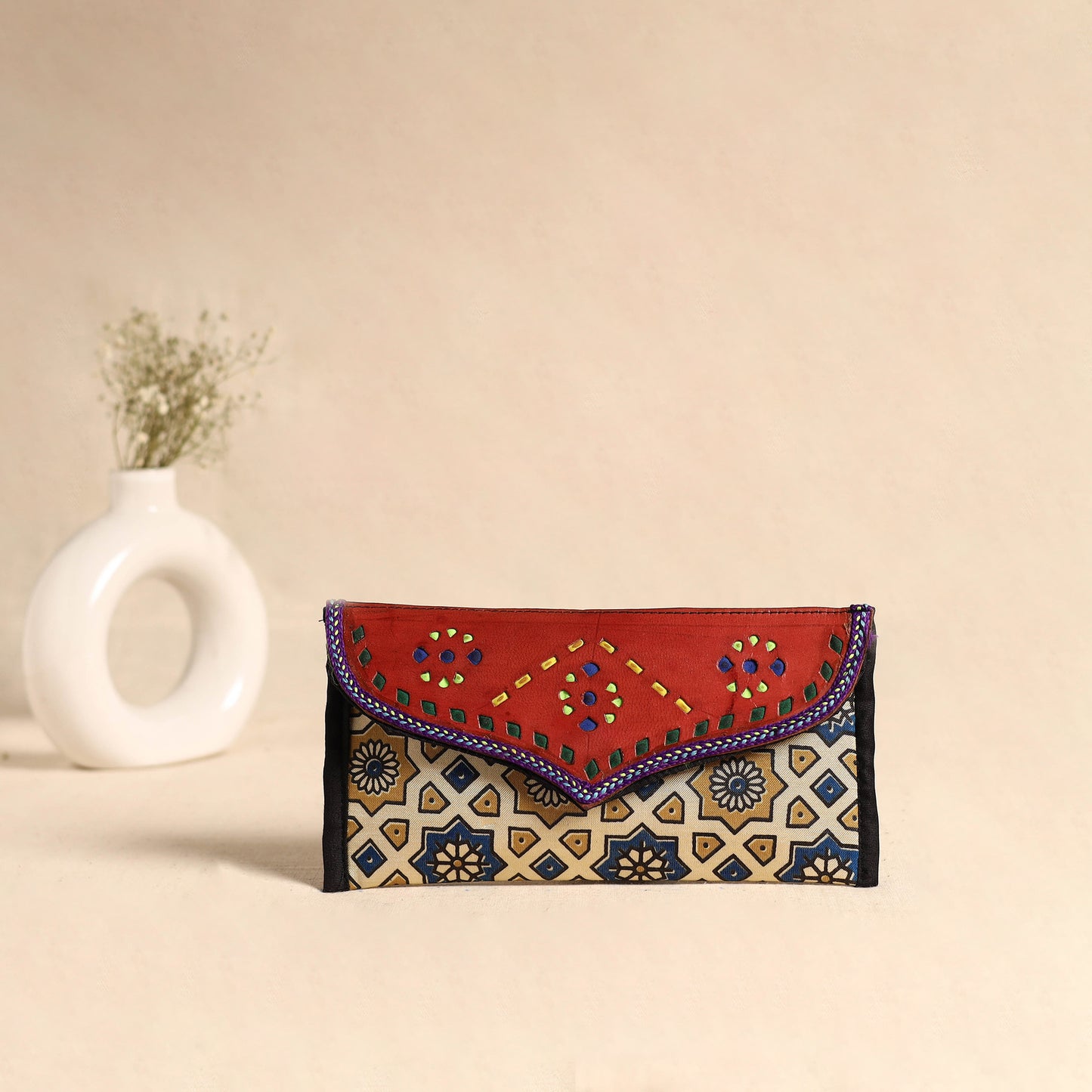 Traditional Kutch Mashru Silk Leather Flap Clutch / Wallet 100