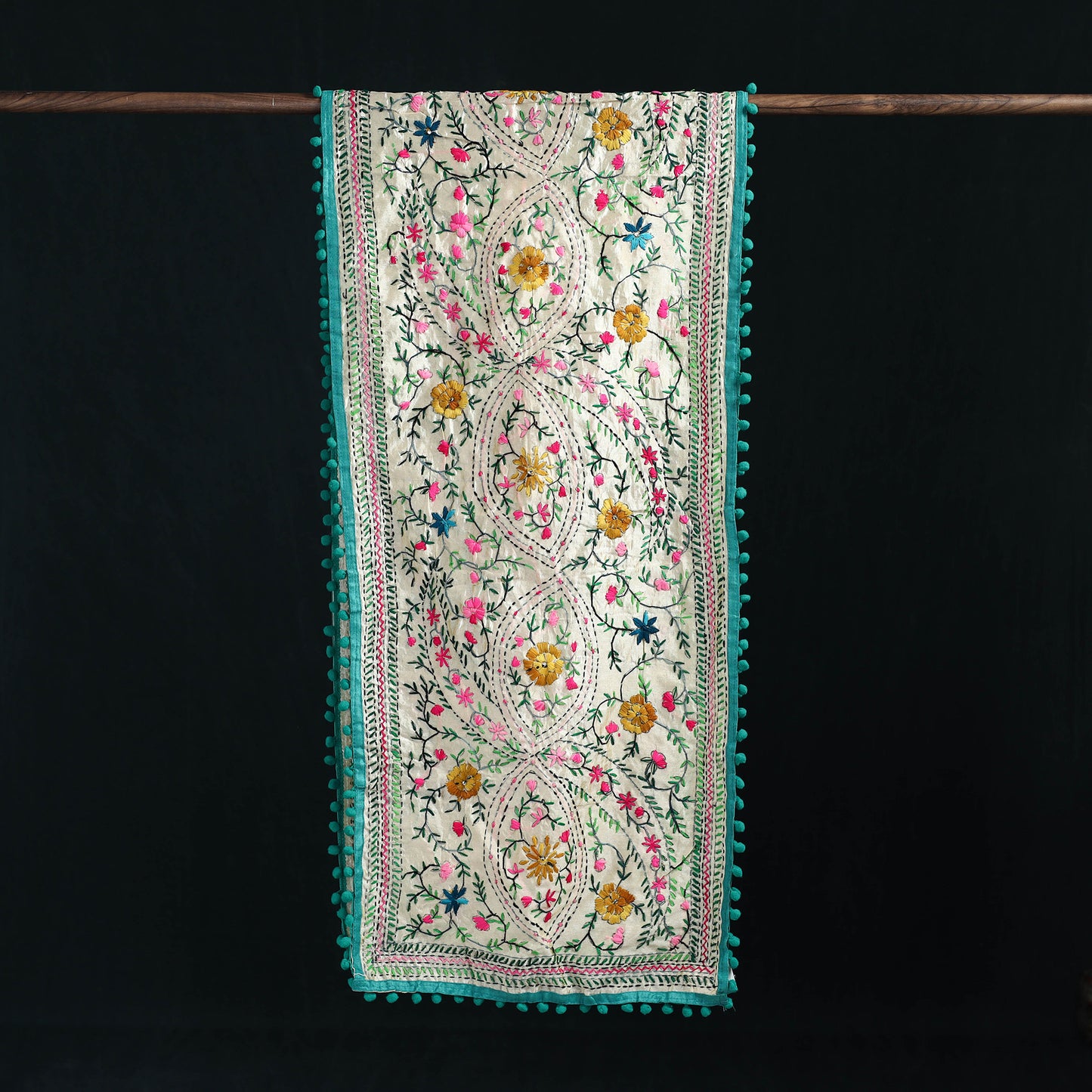 Ranihati Chanderi Silk Hand Embroidered Stole with Pom Pom 236