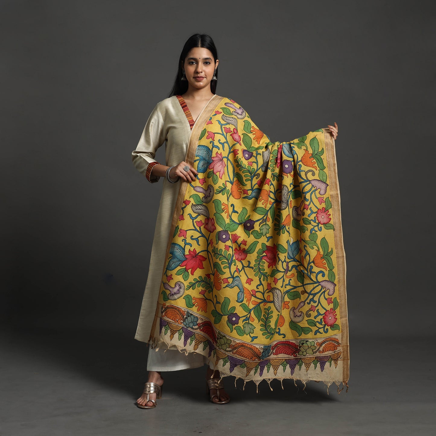 Yellow - mangalagiri cotton handpainted pen work kalamkari