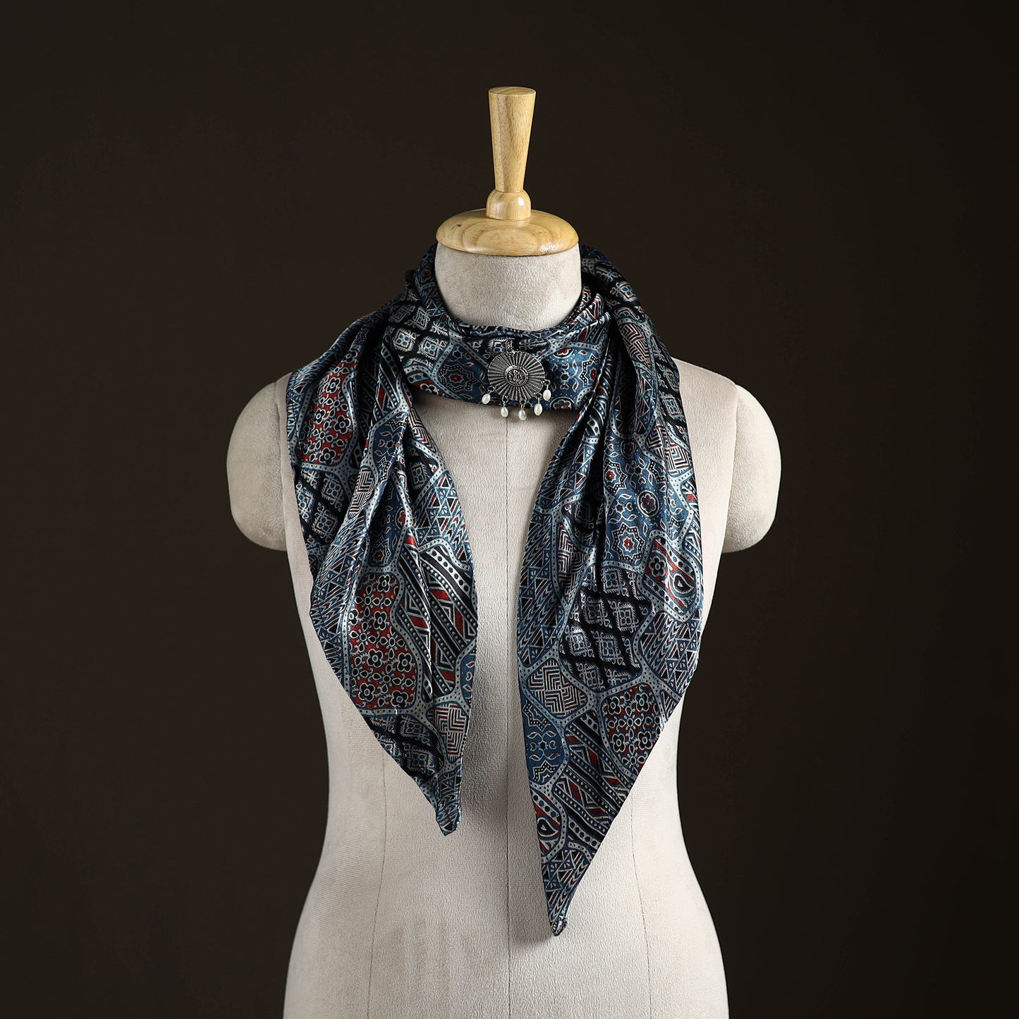 Ajrakh Hand Block Print Natural Dyed Modal Silk Brooch Scarf 01