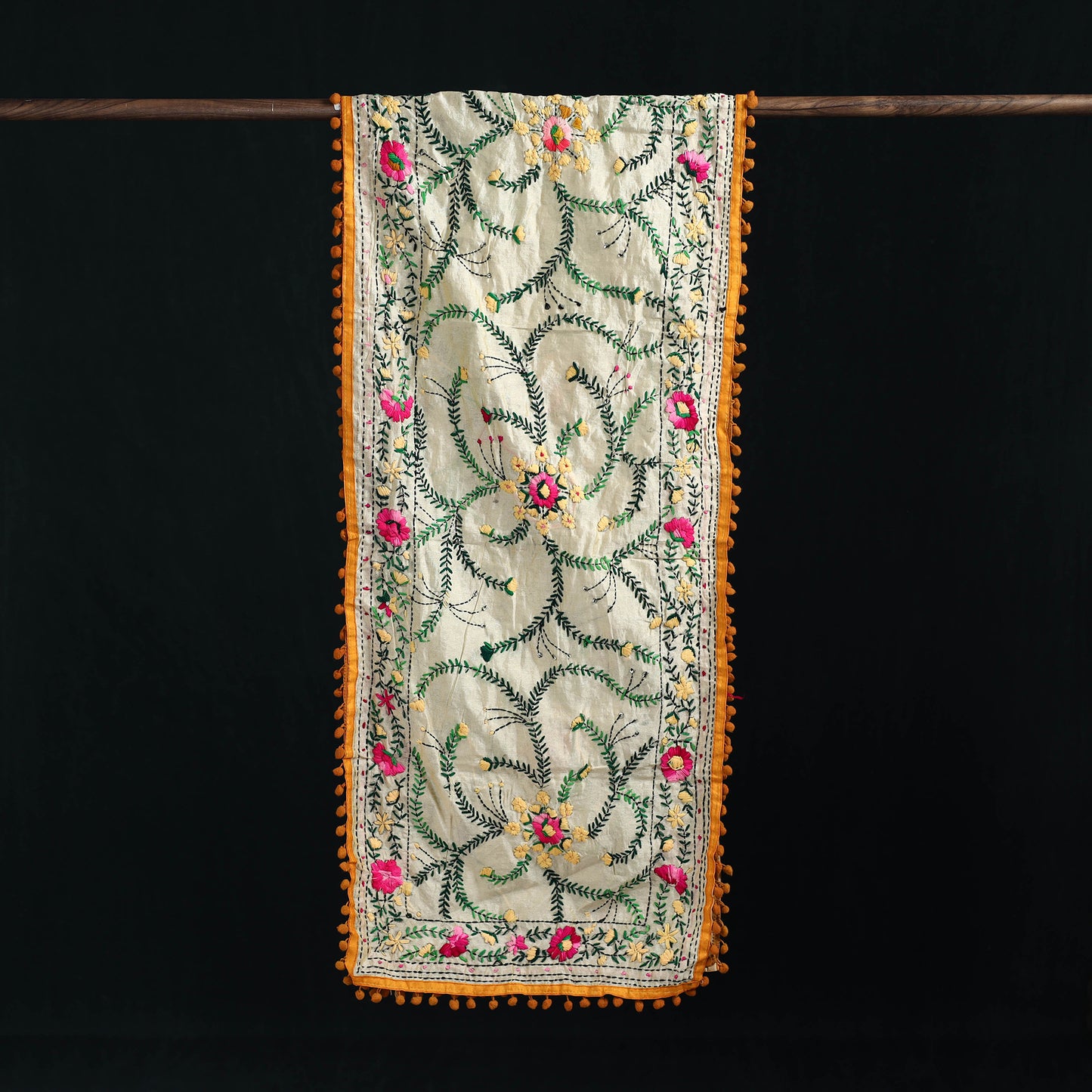 Ranihati Chanderi Silk Hand Embroidered Stole with Pom Pom 233