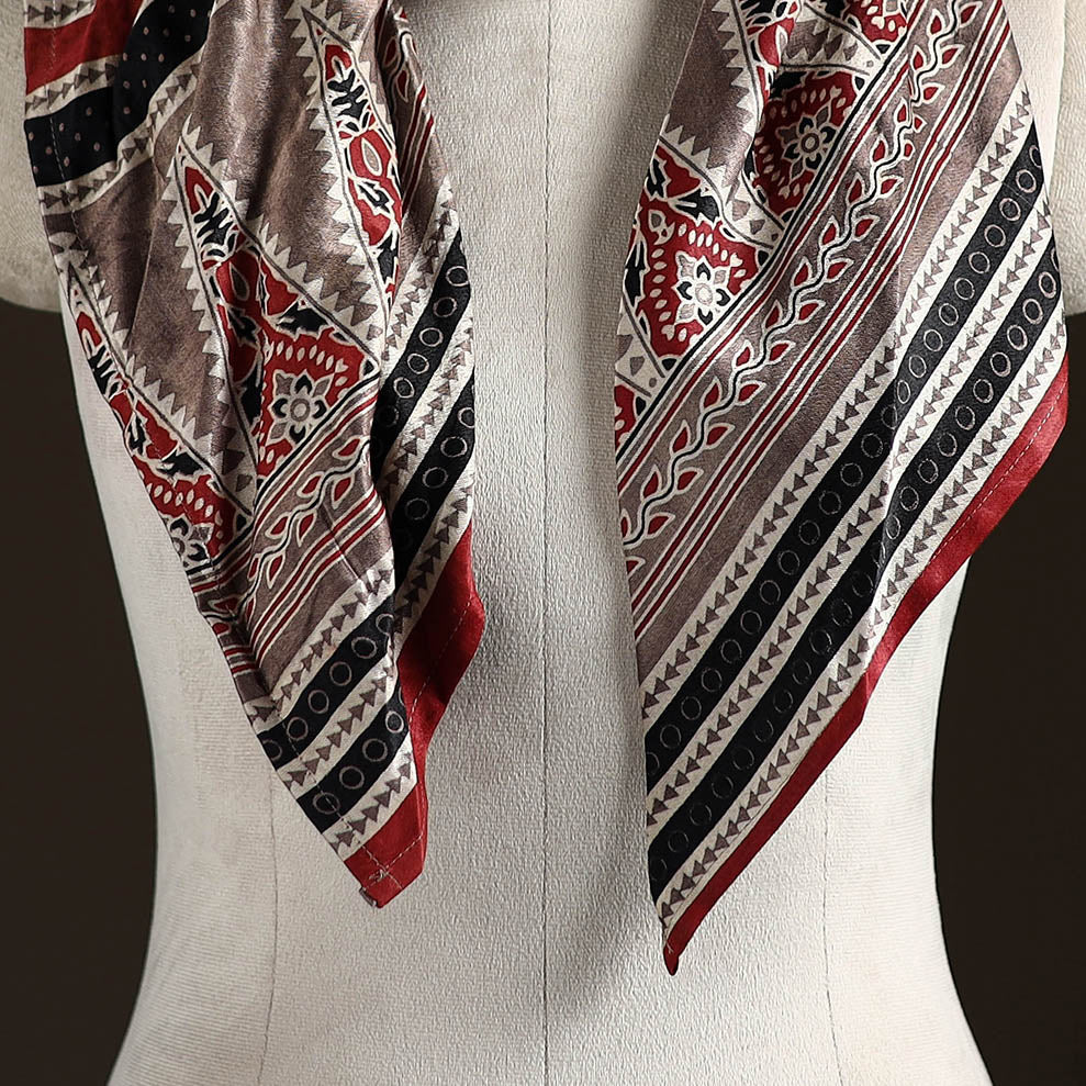 Ajrakh Hand Block Print Natural Dyed Modal Silk Brooch Scarf 03