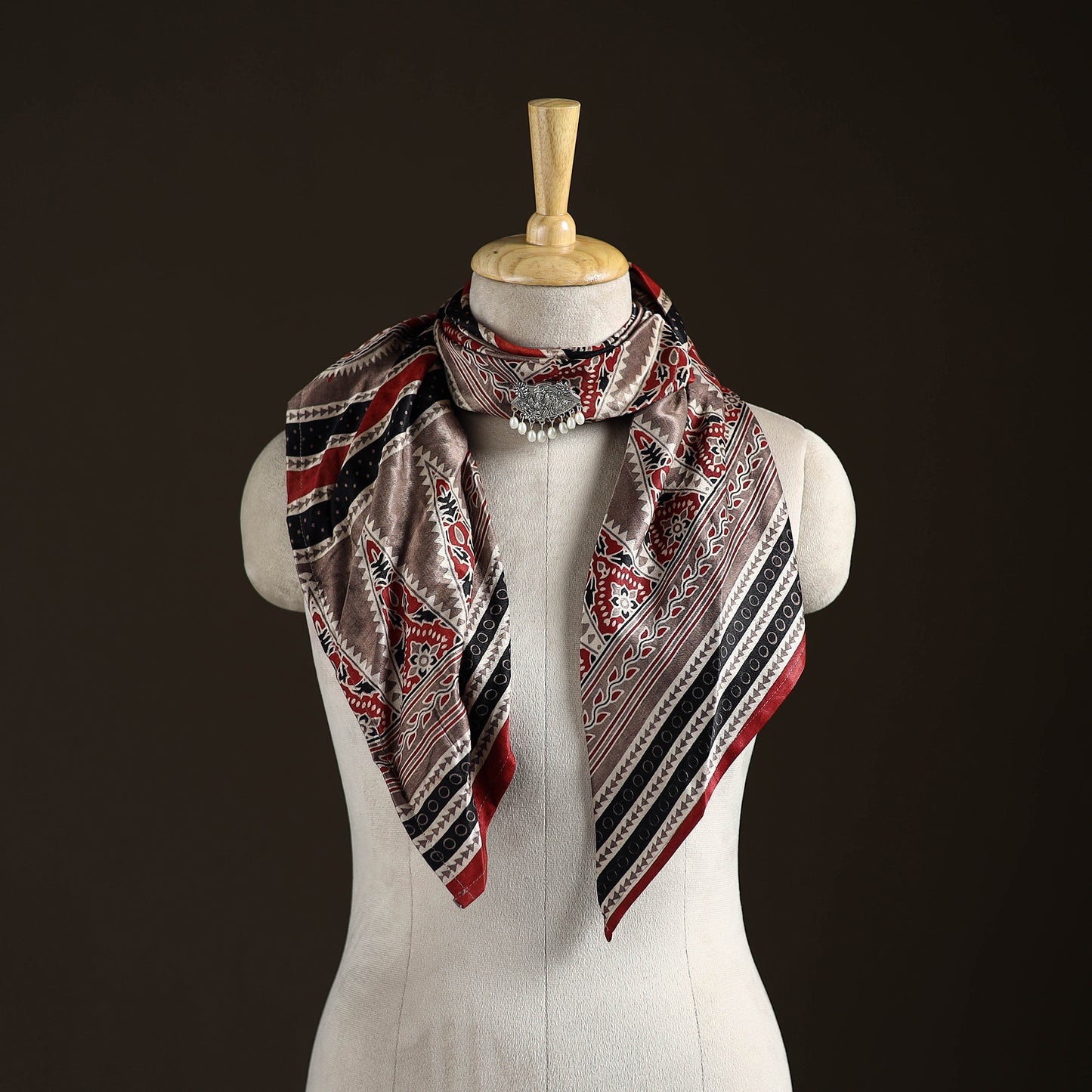 Ajrakh Hand Block Print Natural Dyed Modal Silk Brooch Scarf 03