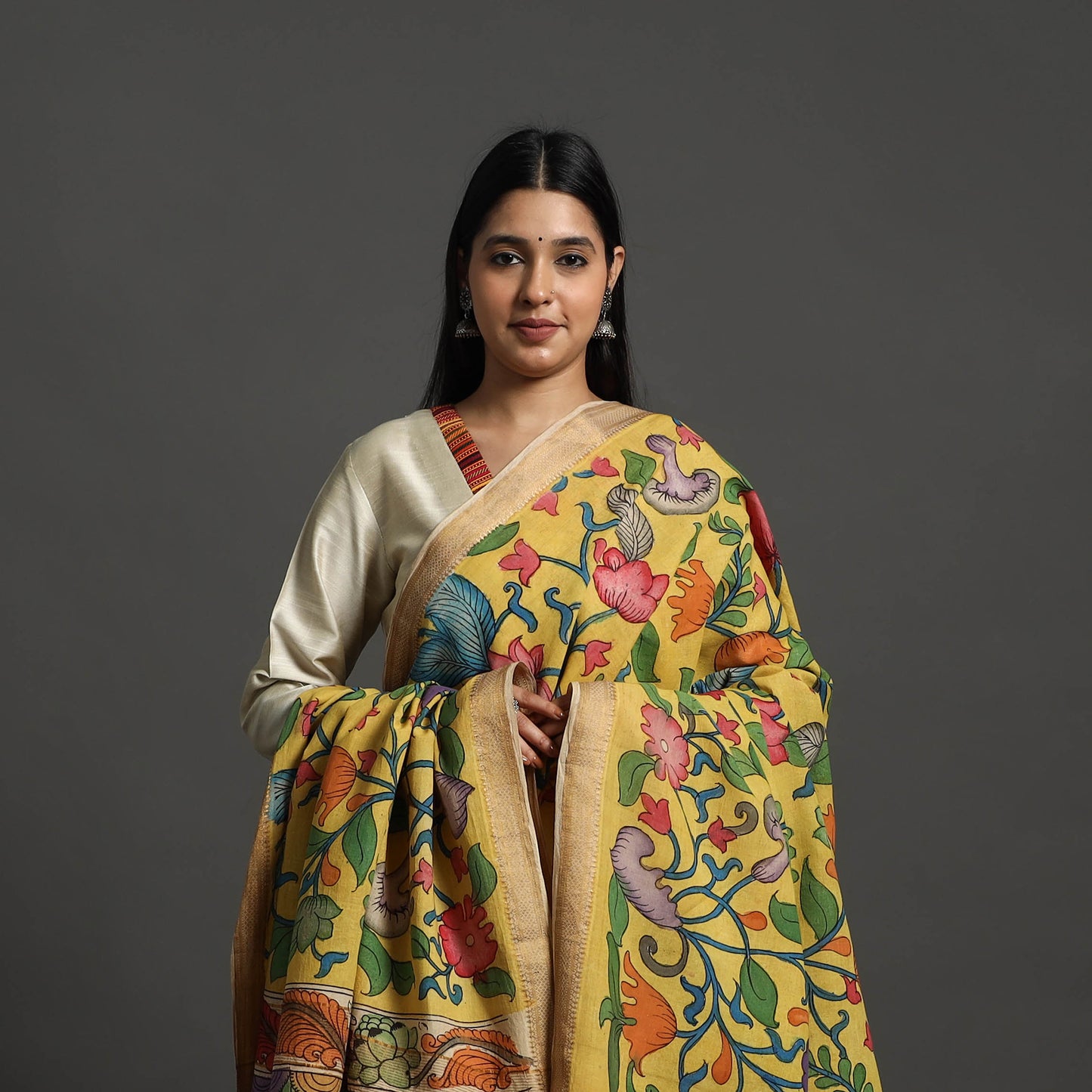 Yellow - mangalagiri cotton handpainted pen work kalamkari