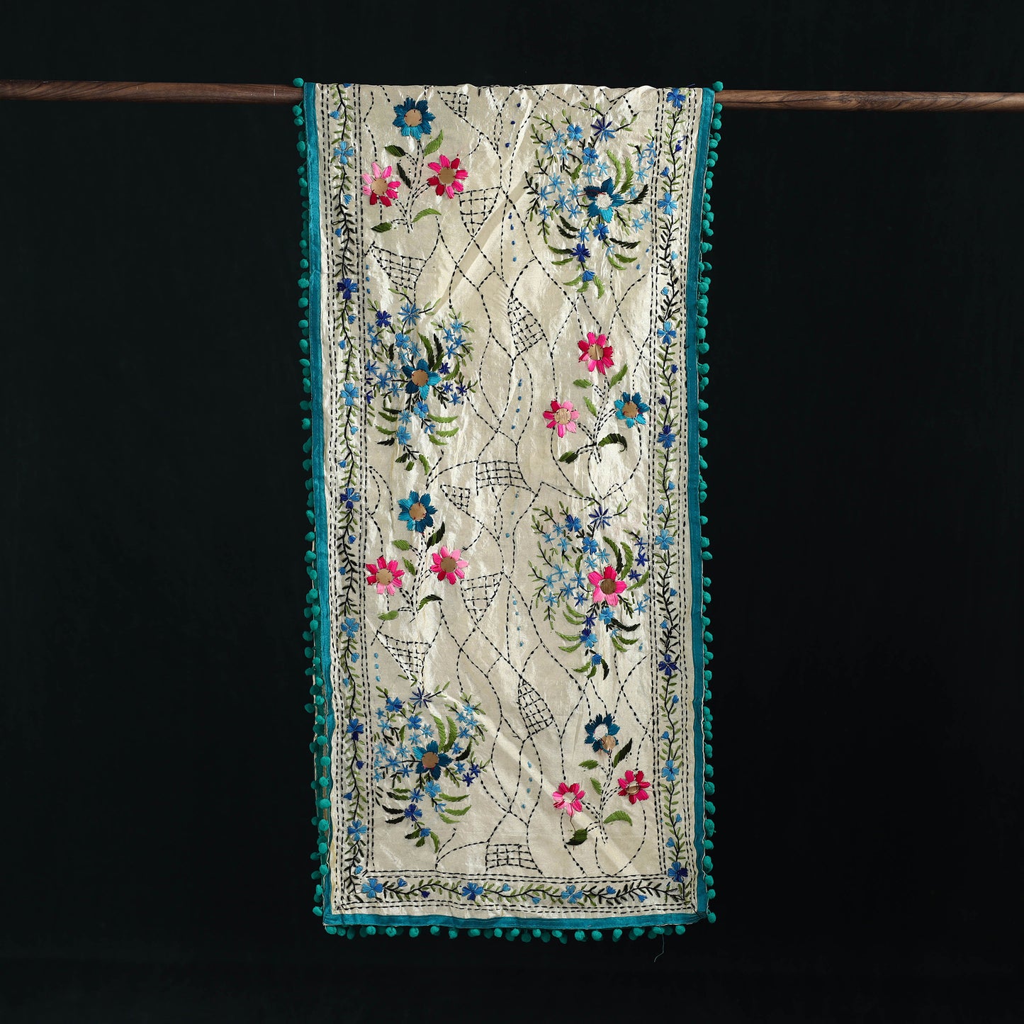Ranihati Chanderi Silk Hand Embroidered Stole with Pom Pom 231