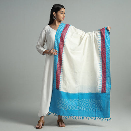 White - Pochampally Ikat Handloom Cotton Dupatta with Tassels 39
