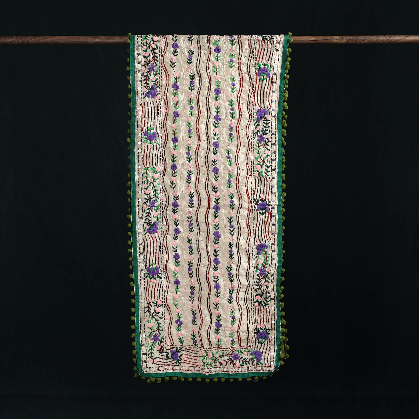 Ranihati Chanderi Silk Hand Embroidered Stole with Pom Pom 230