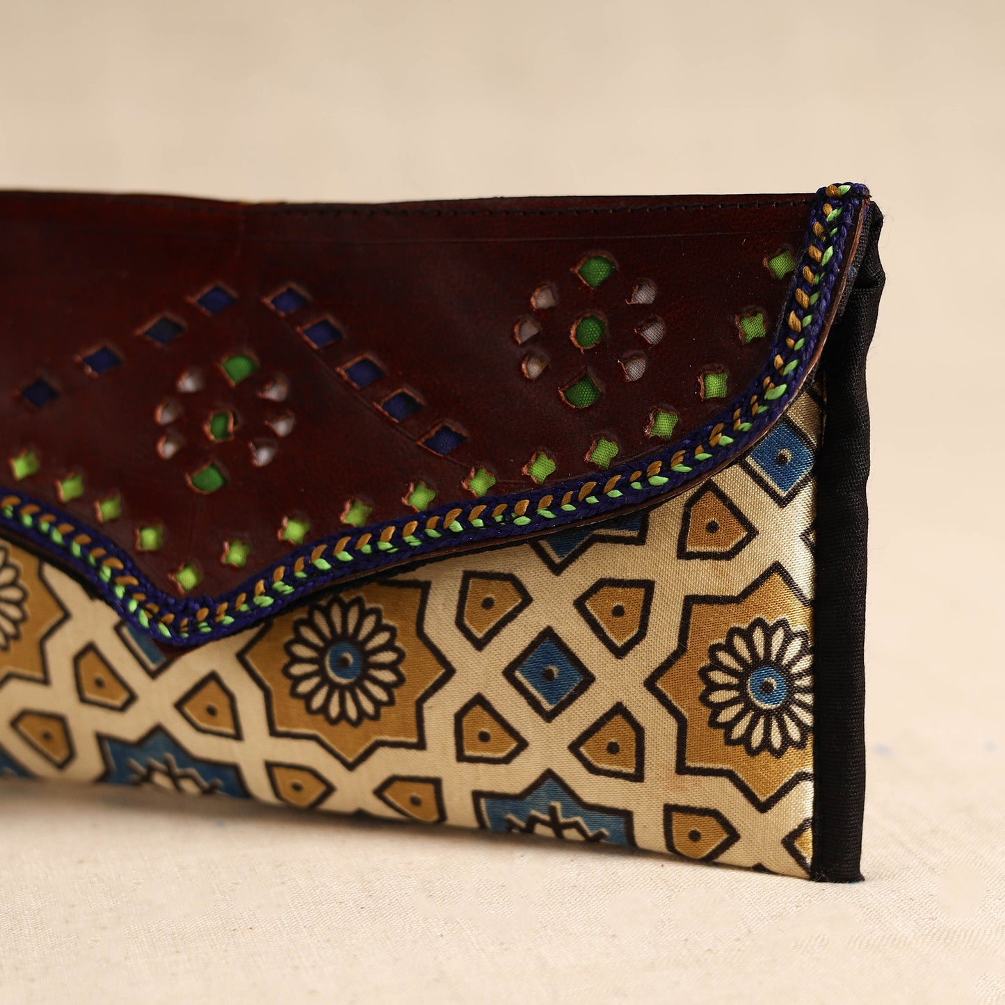 Traditional Kutch Mashru Silk Leather Flap Clutch / Wallet 102