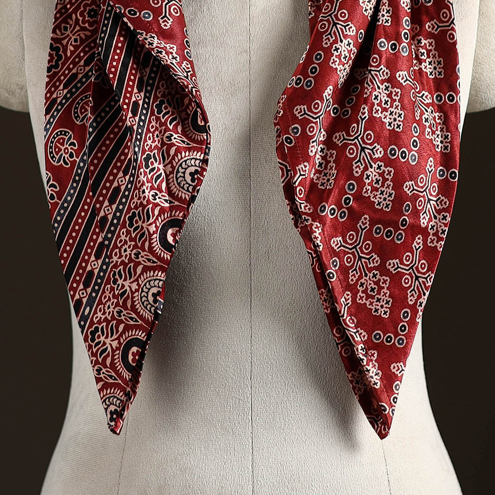Ajrakh Hand Block Print Natural Dyed Modal Silk Brooch Scarf 11