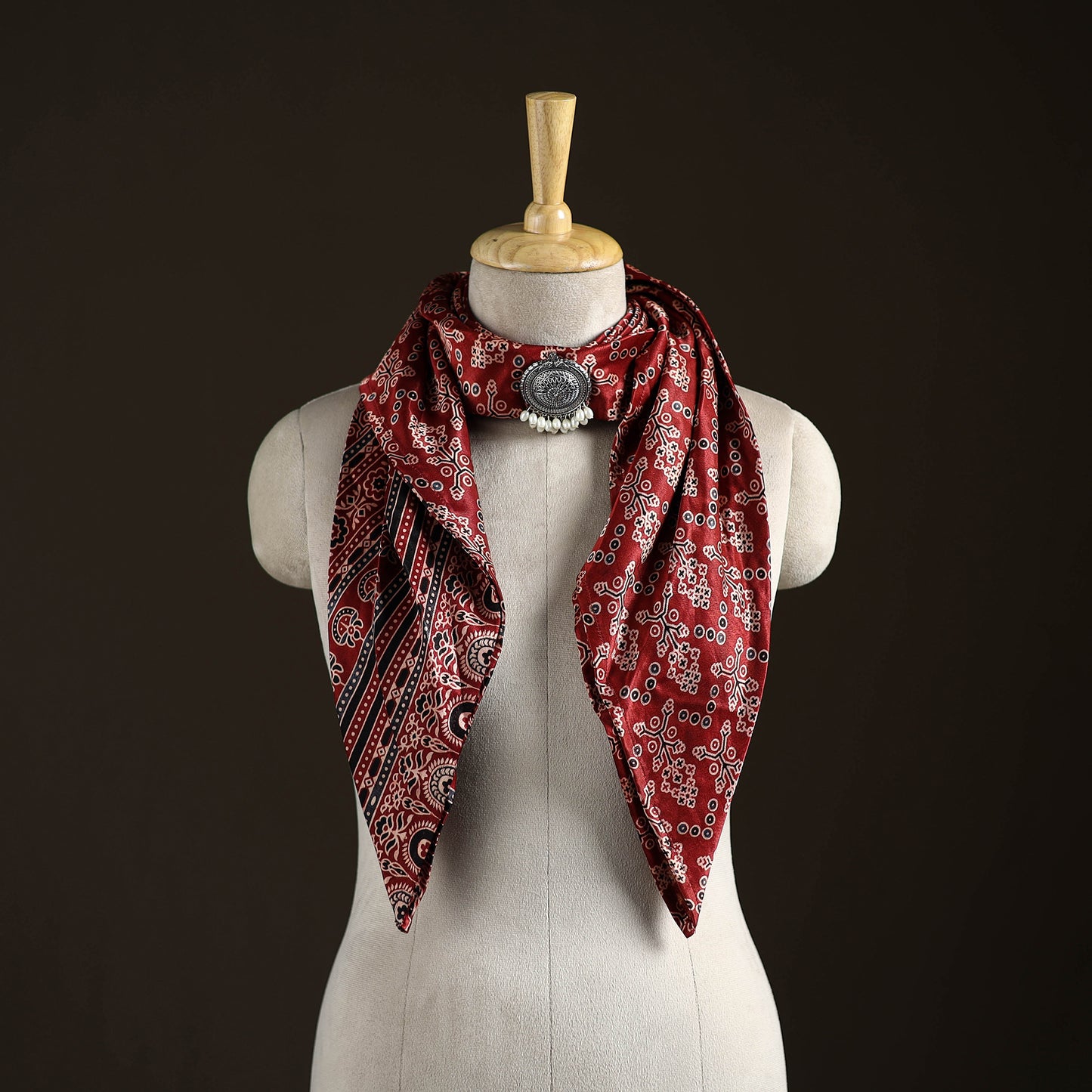 Ajrakh Hand Block Print Natural Dyed Modal Silk Brooch Scarf 11