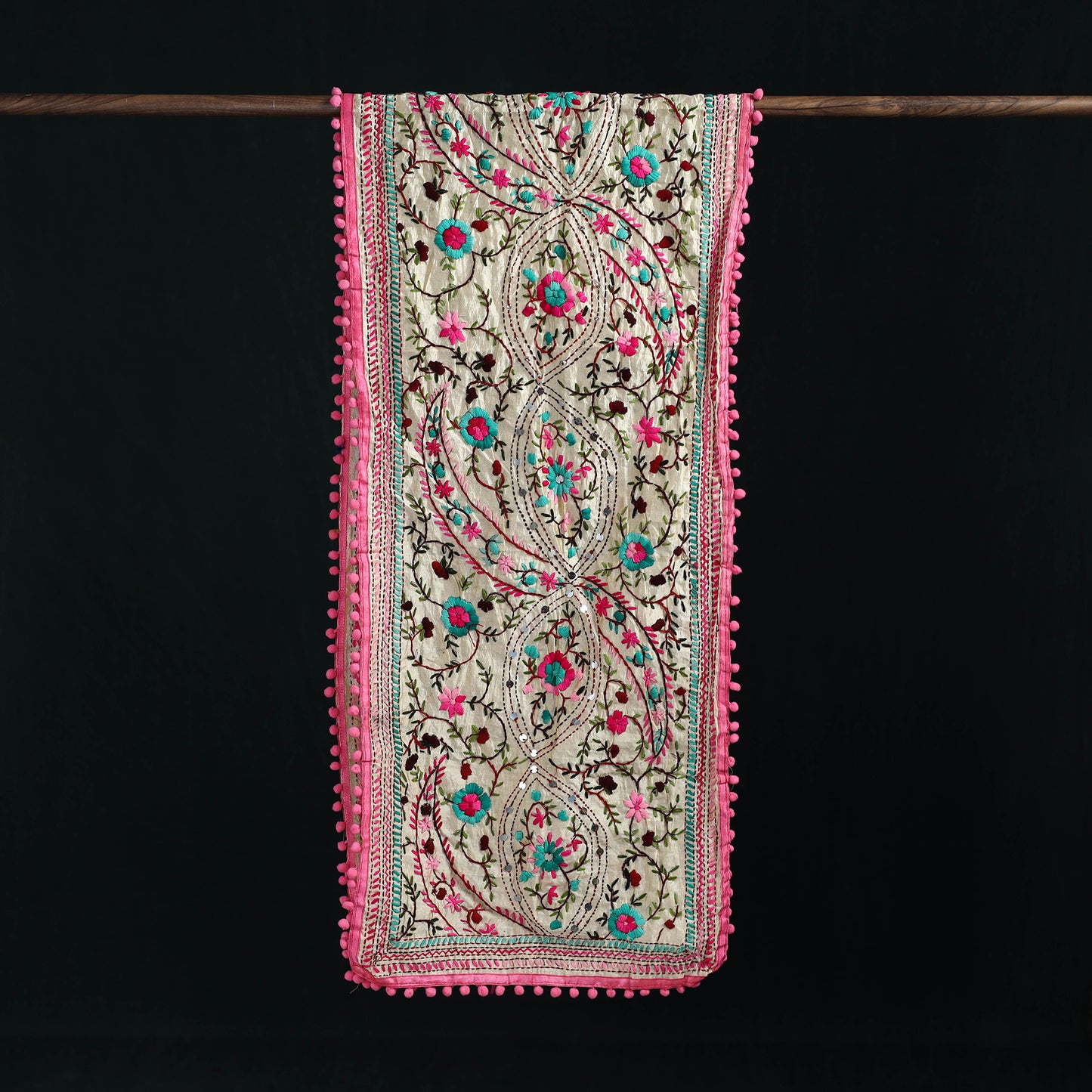 Beige - Ranihati Chanderi Silk Hand Embroidered Stole with Pom Pom 225