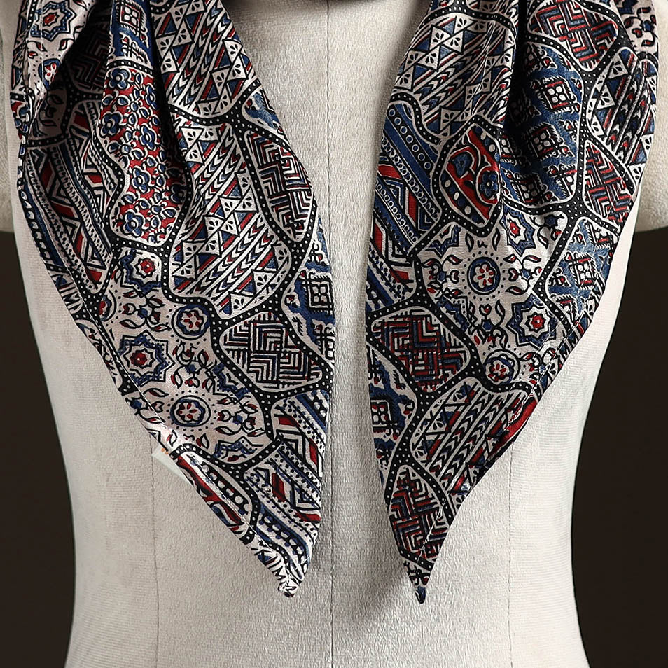 Ajrakh Hand Block Print Natural Dyed Modal Silk Brooch Scarf 13