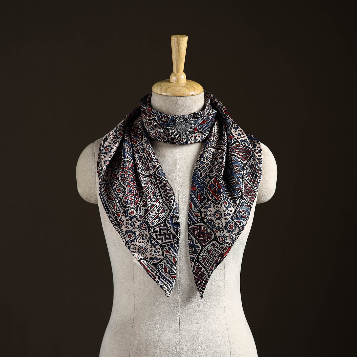 Ajrakh Hand Block Print Natural Dyed Modal Silk Brooch Scarf 13