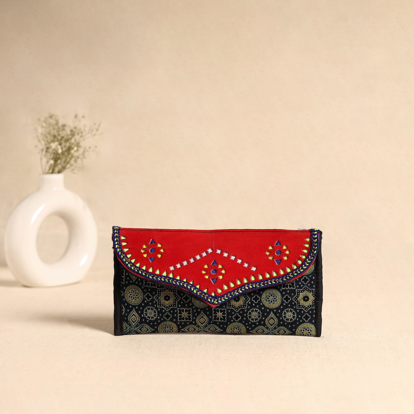 Traditional Kutch Mashru Silk Leather Flap Clutch / Wallet 104