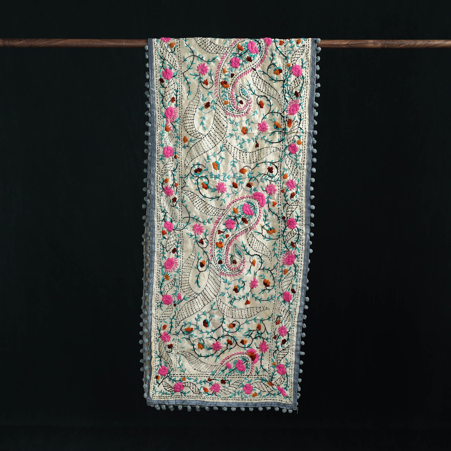 Ranihati Chanderi Silk Hand Embroidered Stole with Pom Pom 223