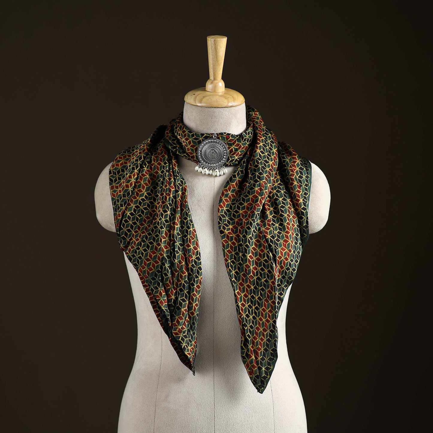 Ajrakh Hand Block Print Natural Dyed Modal Silk Brooch Scarf 14