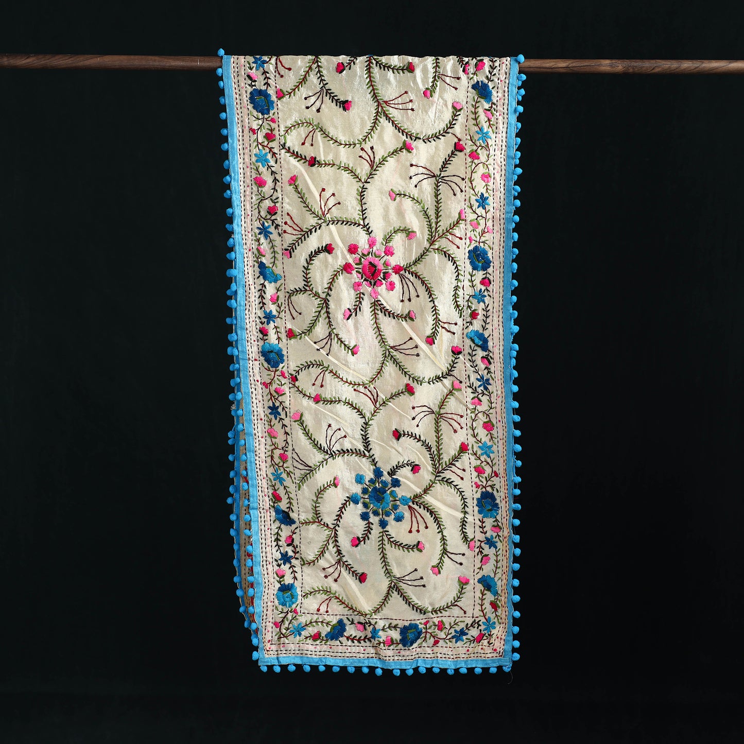 Ranihati Chanderi Silk Hand Embroidered Stole with Pom Pom 222