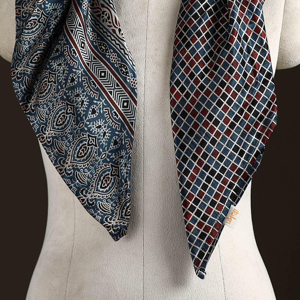 Ajrakh Hand Block Print Natural Dyed Modal Silk Brooch Scarf 15