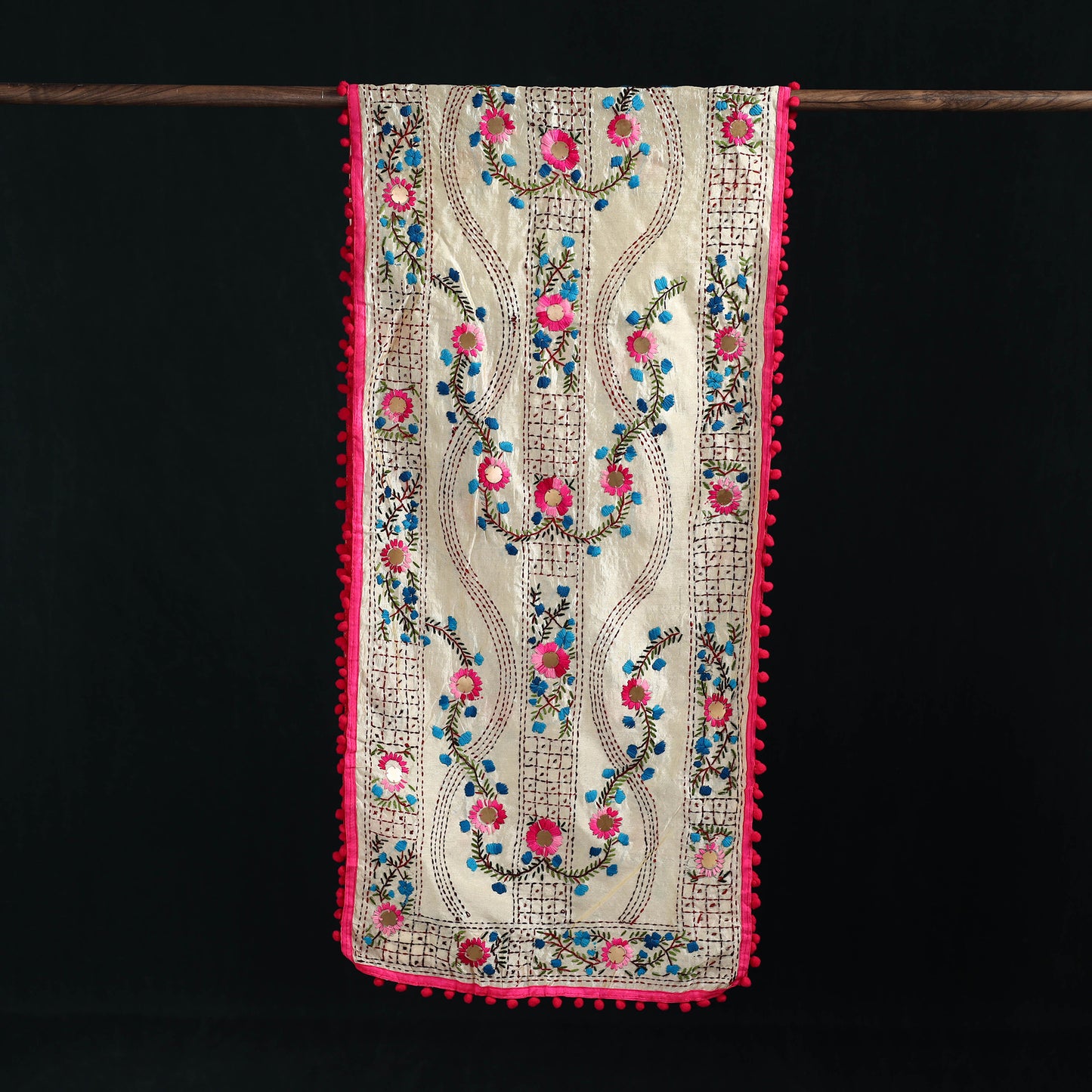 Ranihati Chanderi Silk Hand Embroidered Stole with Pom Pom 221