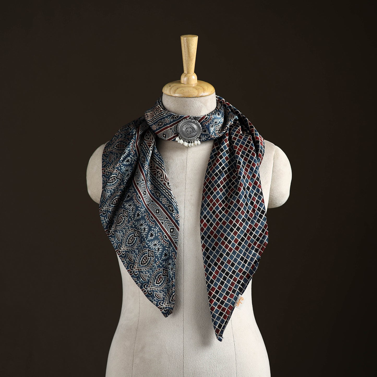 Ajrakh Hand Block Print Natural Dyed Modal Silk Brooch Scarf 15
