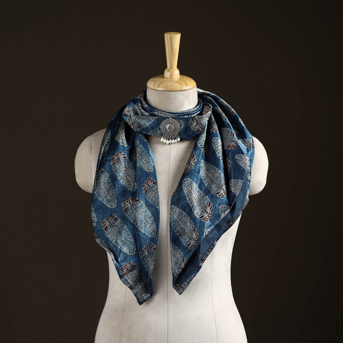 Ajrakh Hand Block Print Natural Dyed Modal Silk Brooch Scarf 16