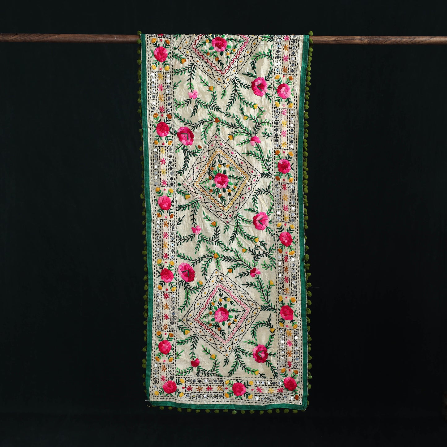 Ranihati Chanderi Silk Hand Embroidered Stole with Pom Pom 220